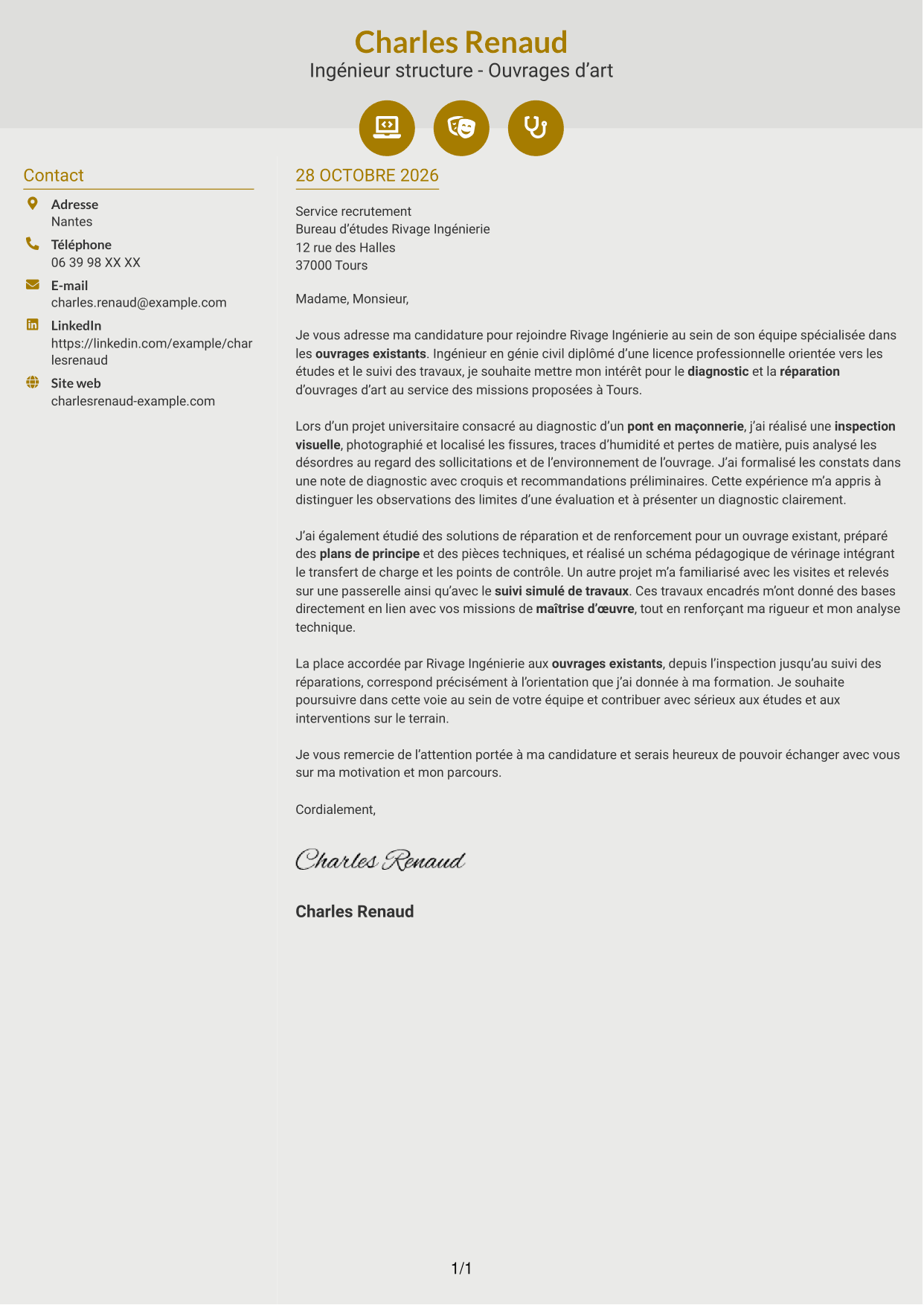 Lettre de motivation Dynamique (format à deux colonnes avec icônes) : Ingénieur structure - Ouvrages d’art, page 1
