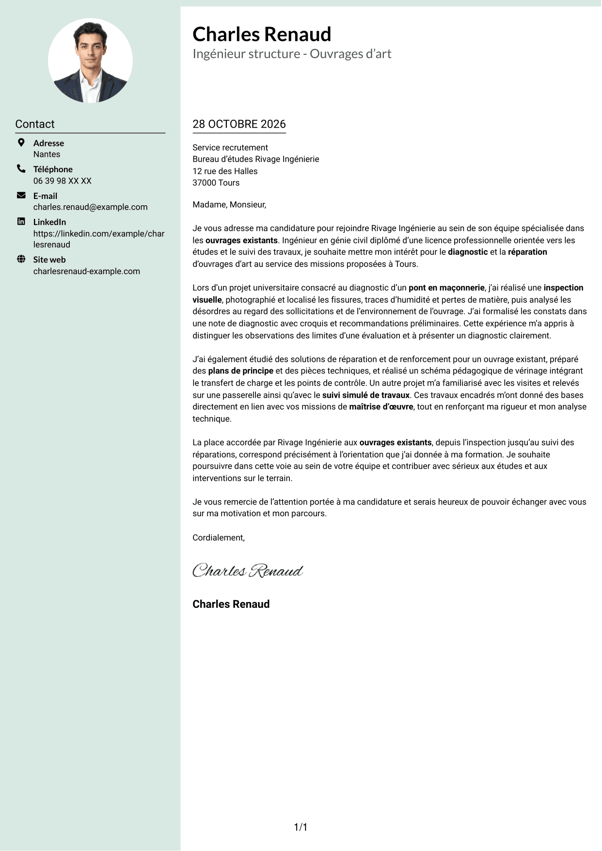 Lettre de motivation Cadre (format à colonne latérale douce avec photo arrondie) : Ingénieur structure - Ouvrages d’art, page 1