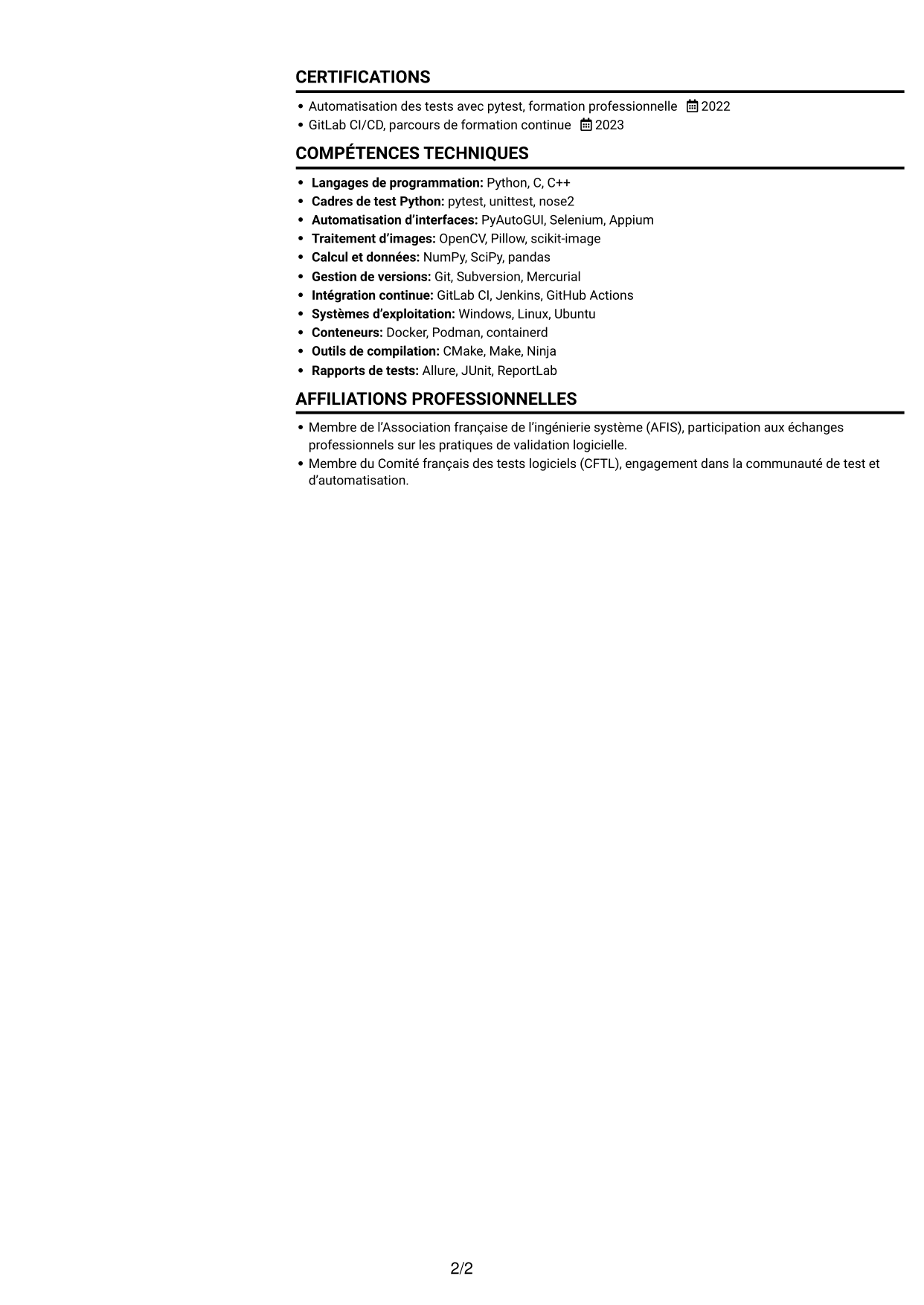 CV Compact (format sobre à deux colonnes avec photo) : Ingénieur Test & Automatisation Python, page 2