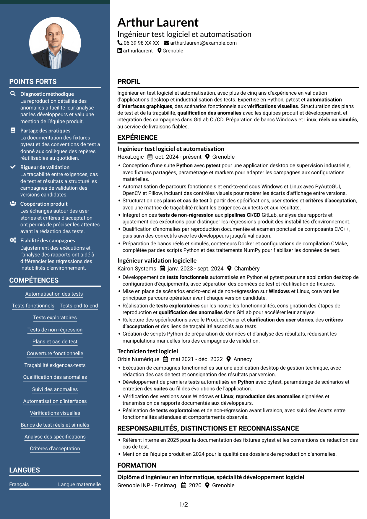 CV Élégant (format à colonne latérale colorée avec photo) : Ingénieur Test & Automatisation Python, page 1