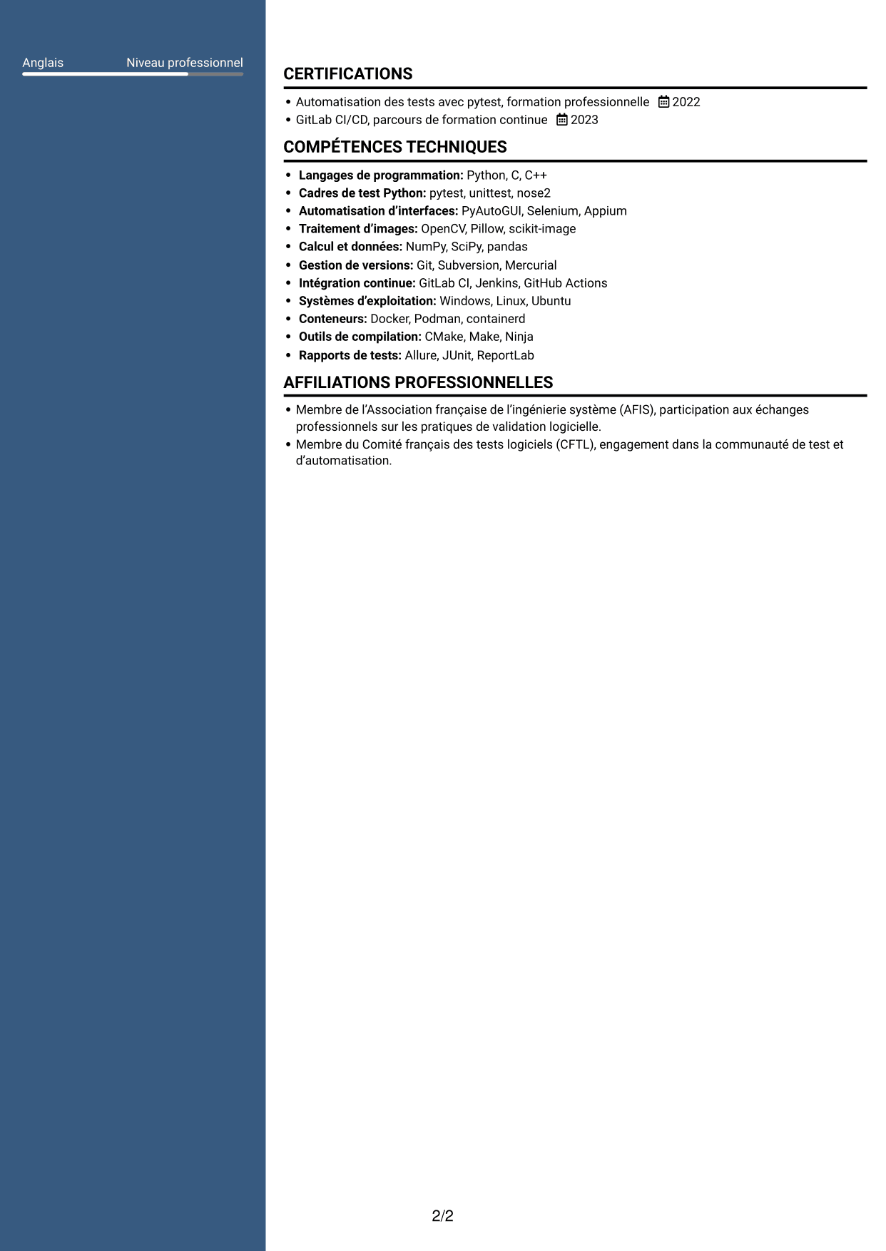CV Élégant (format à colonne latérale colorée avec photo) : Ingénieur Test & Automatisation Python, page 2