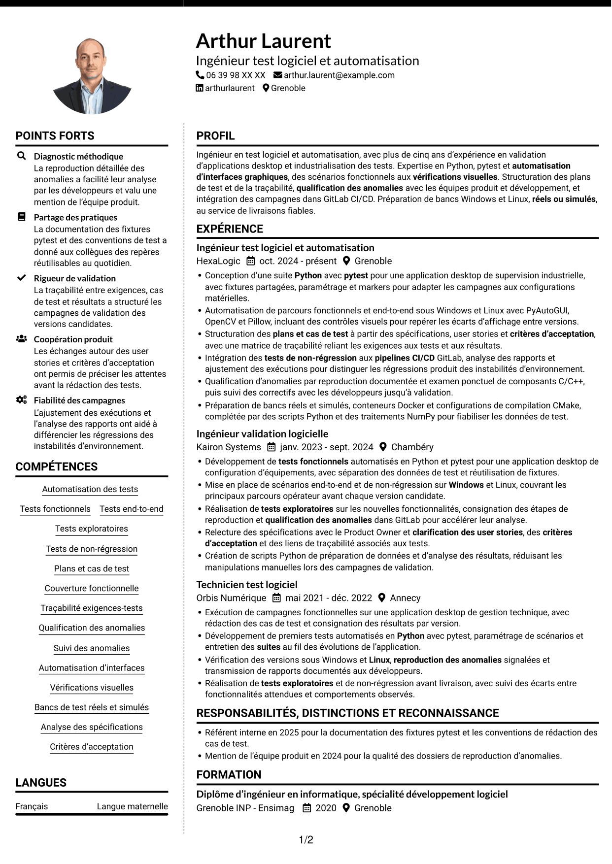 CV Moderne (format à deux colonnes avec photo à gauche et séparateur) : Ingénieur Test & Automatisation Python, page 1