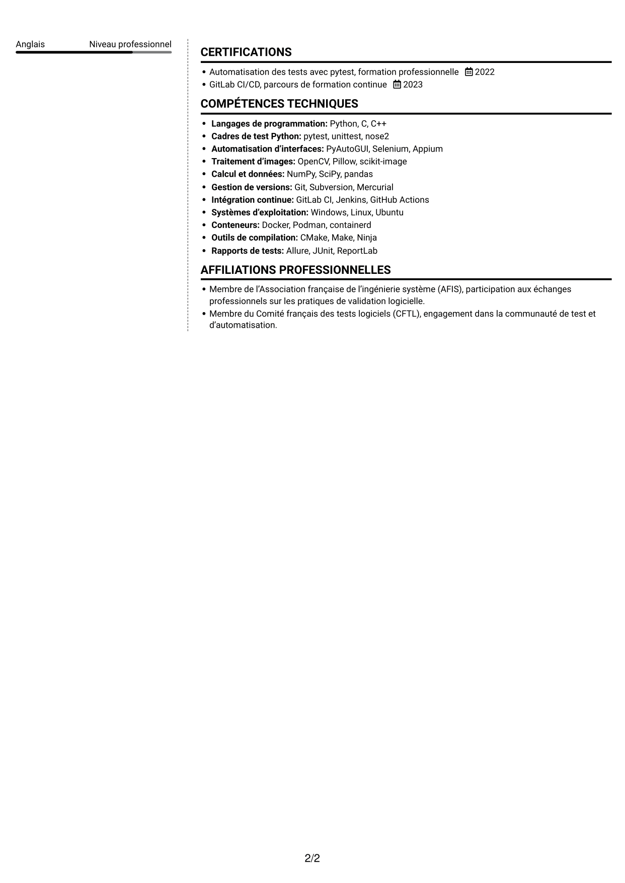 CV Moderne (format à deux colonnes avec photo à gauche et séparateur) : Ingénieur Test & Automatisation Python, page 2