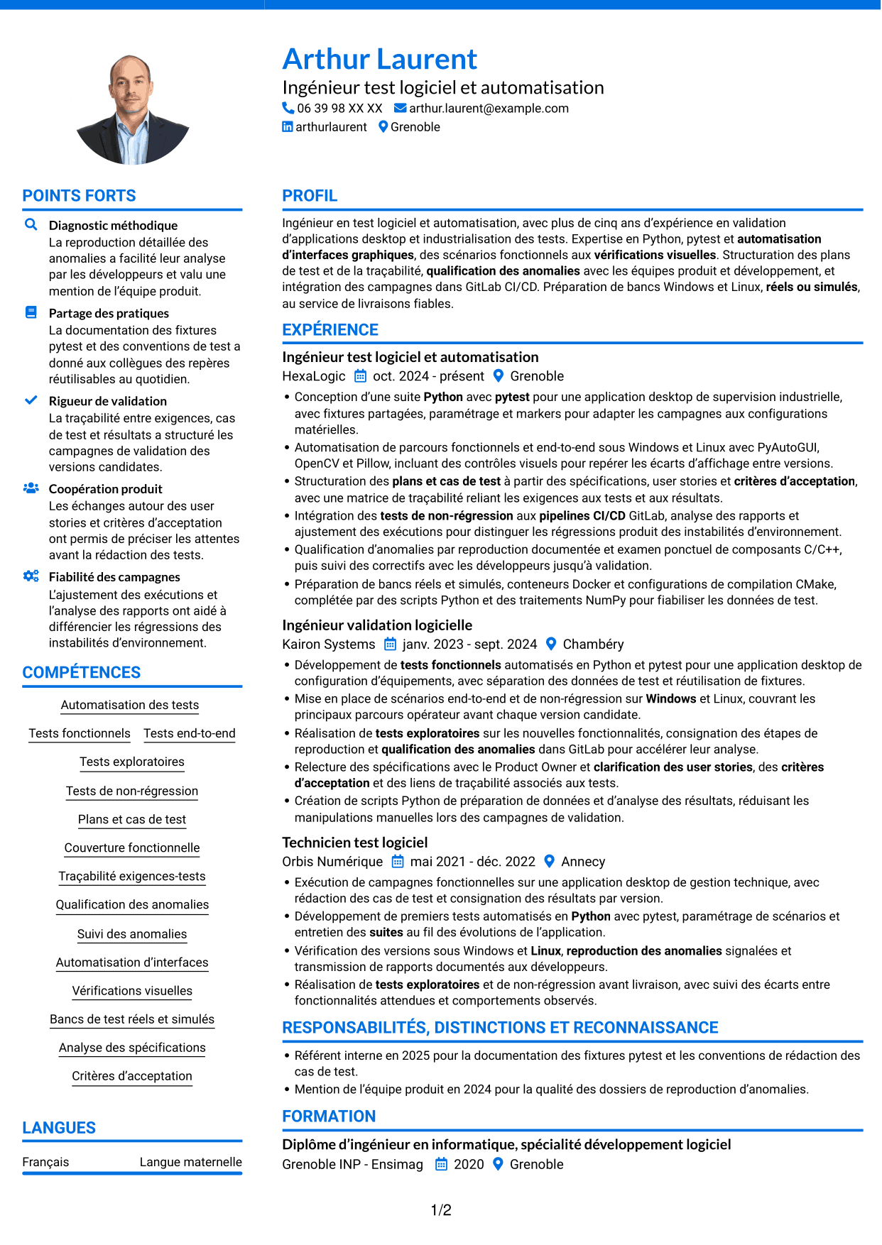 CV Audacieux (format à deux colonnes avec accents colorés et photo) : Ingénieur Test & Automatisation Python, page 1