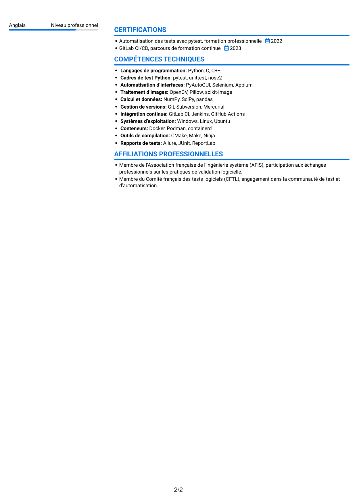 CV Audacieux (format à deux colonnes avec accents colorés et photo) : Ingénieur Test & Automatisation Python, page 2