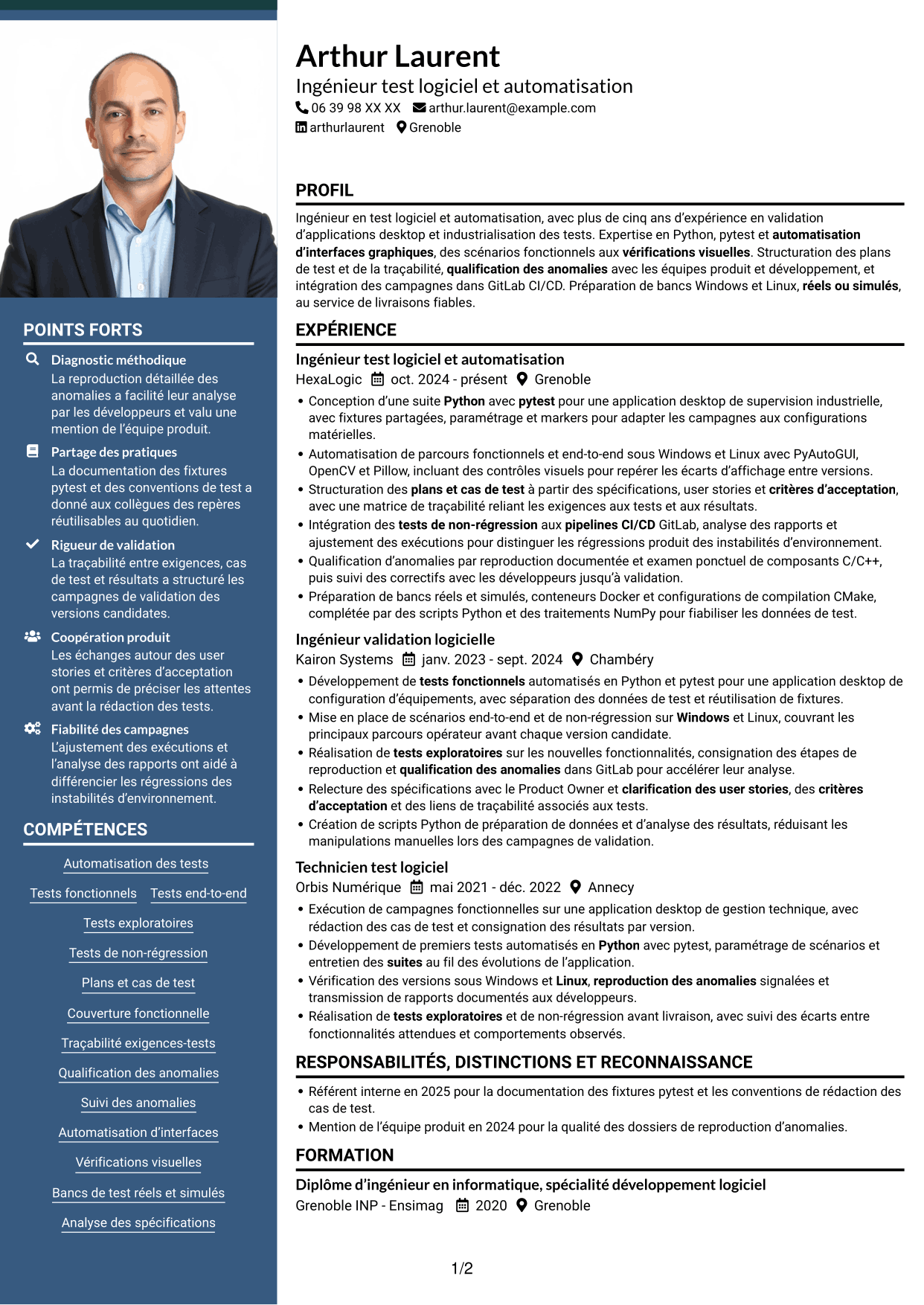 CV Signature (format à colonne latérale colorée avec grande photo) : Ingénieur Test & Automatisation Python, page 1