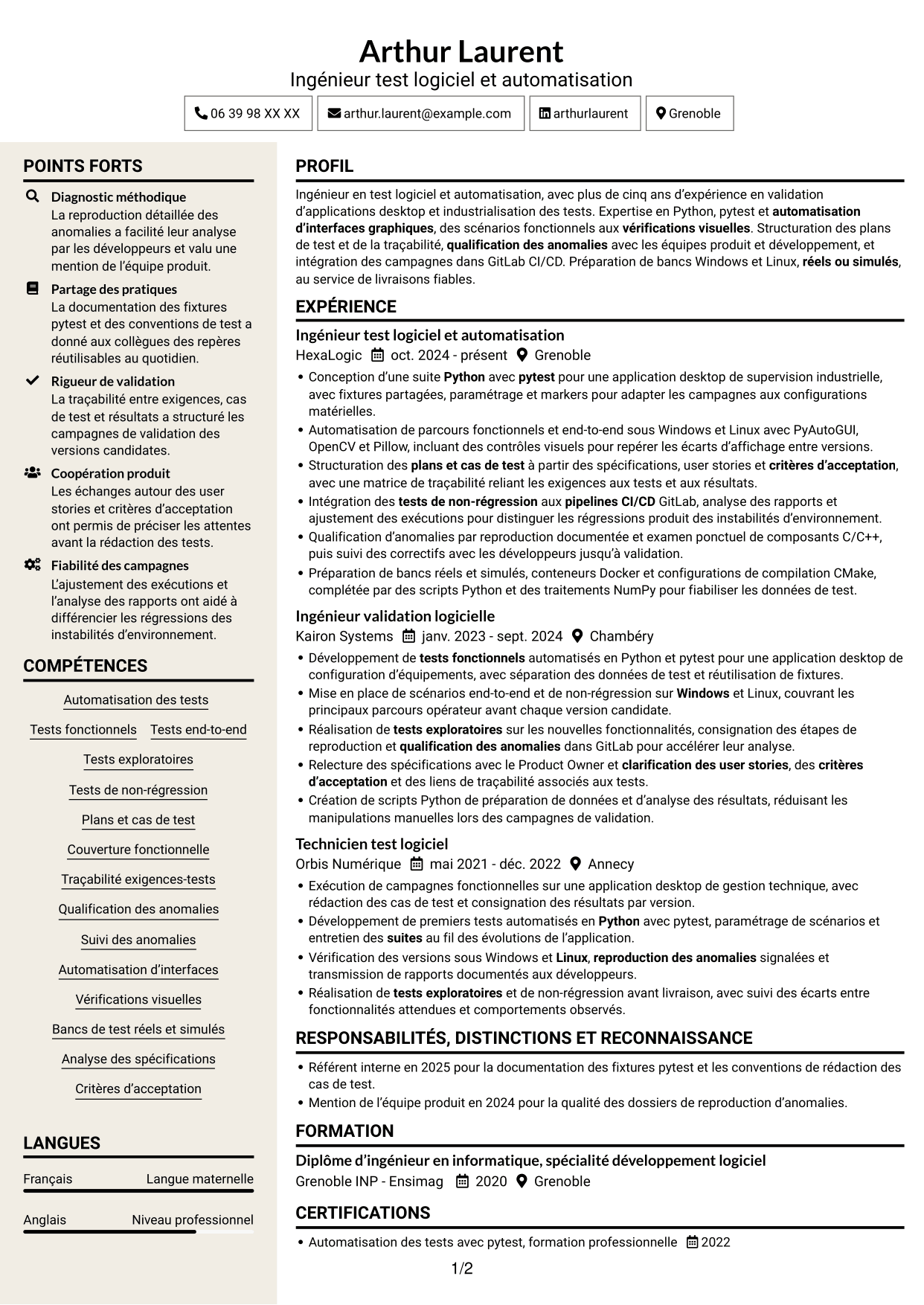 CV Fonceur (format à deux colonnes avec en-tête centré sans photo) : Ingénieur Test & Automatisation Python, page 1