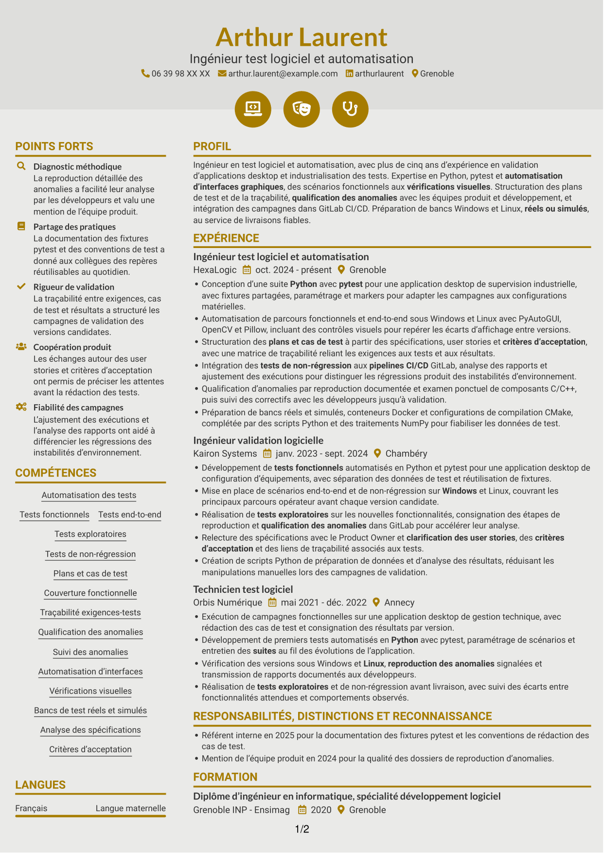 CV Dynamique (format à deux colonnes avec icônes) : Ingénieur Test & Automatisation Python, page 1