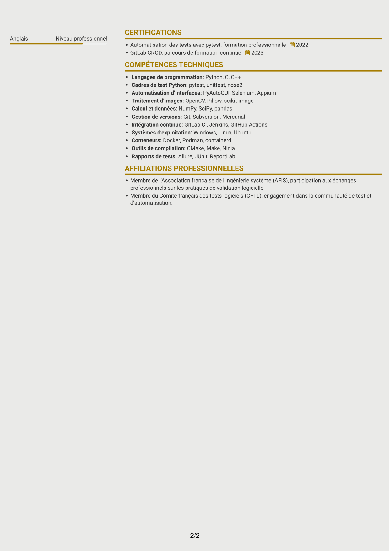 CV Dynamique (format à deux colonnes avec icônes) : Ingénieur Test & Automatisation Python, page 2