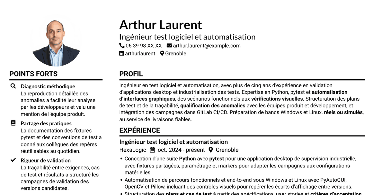 7 modèles de CV pour Ingénieur Test & Automatisation Python, avec exemples