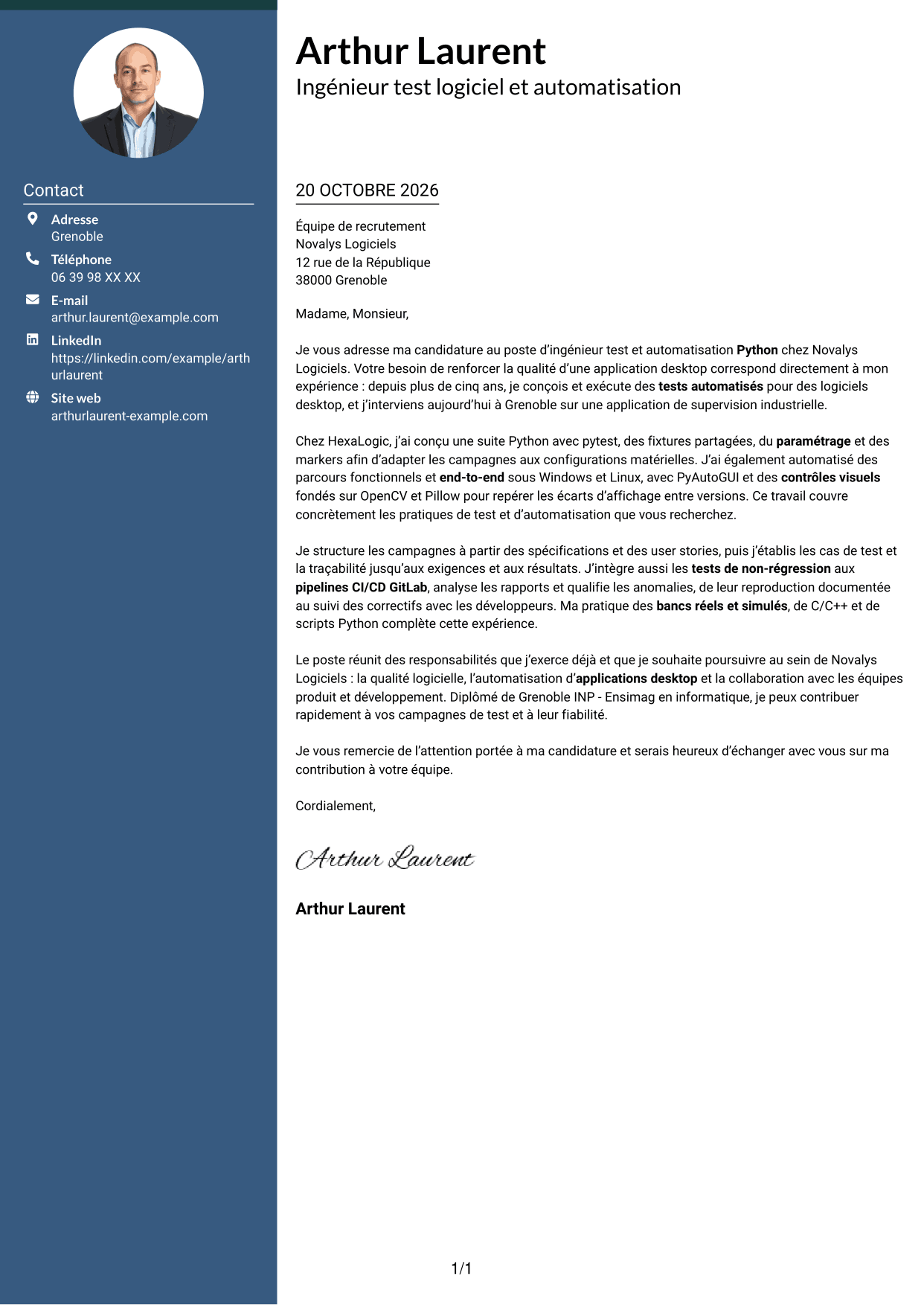 Lettre de motivation Élégant (format à colonne latérale colorée avec photo) : Ingénieur Test & Automatisation Python, page 1