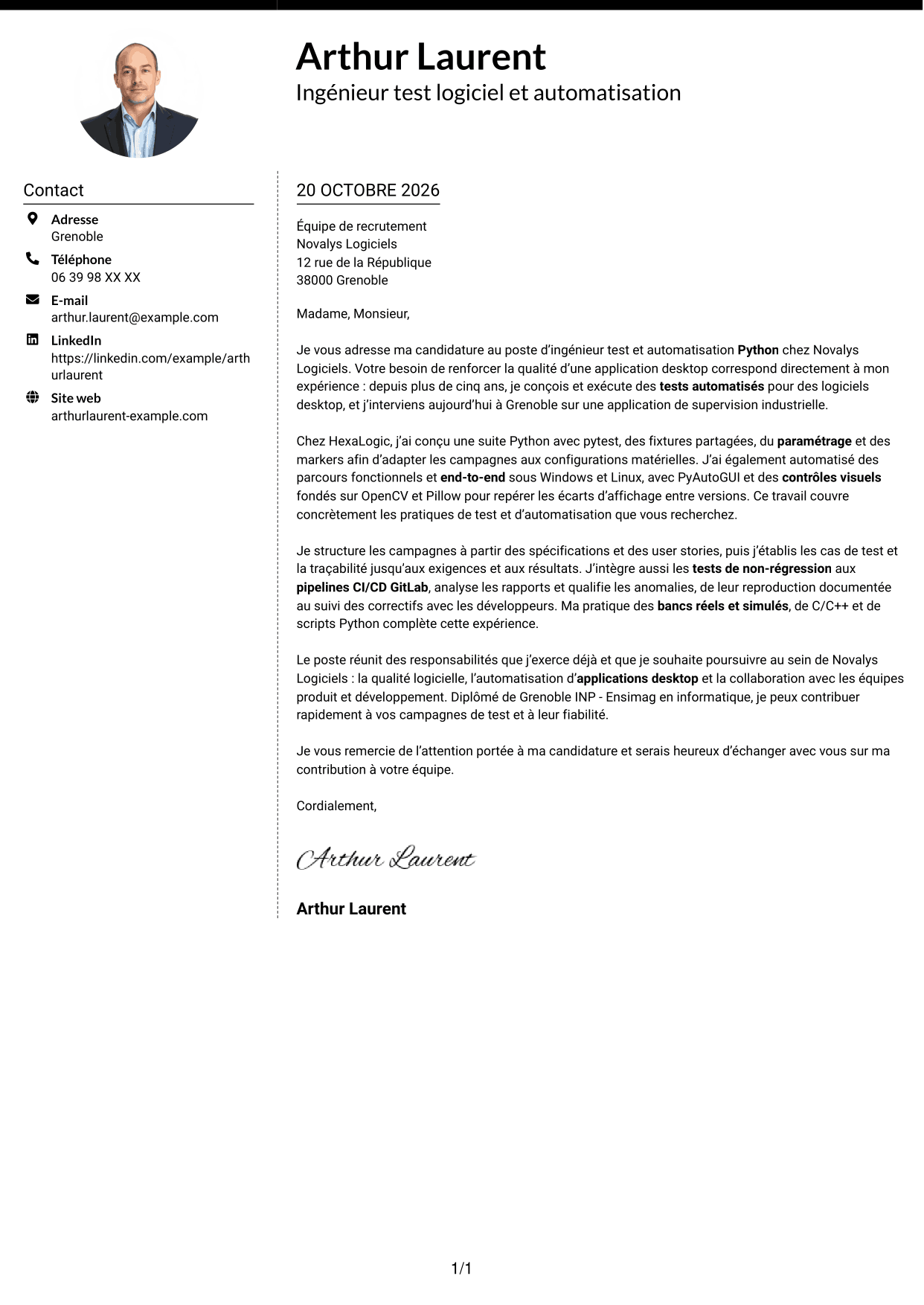 Lettre de motivation Moderne (format à deux colonnes avec photo à gauche et séparateur) : Ingénieur Test & Automatisation Python, page 1
