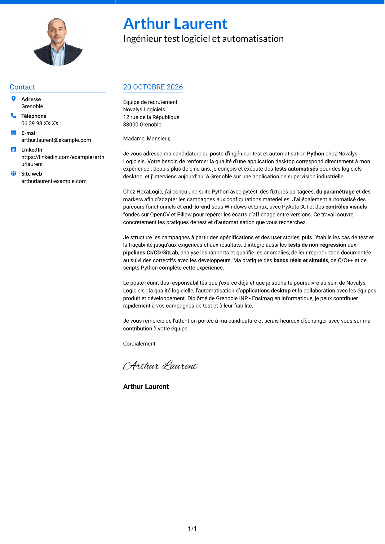 Lettre de motivation Audacieux (format à deux colonnes avec accents colorés et photo) : Ingénieur Test & Automatisation Python, page 1