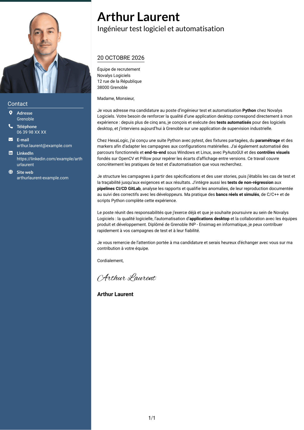 Lettre de motivation Signature (format à colonne latérale colorée avec grande photo) : Ingénieur Test & Automatisation Python, page 1