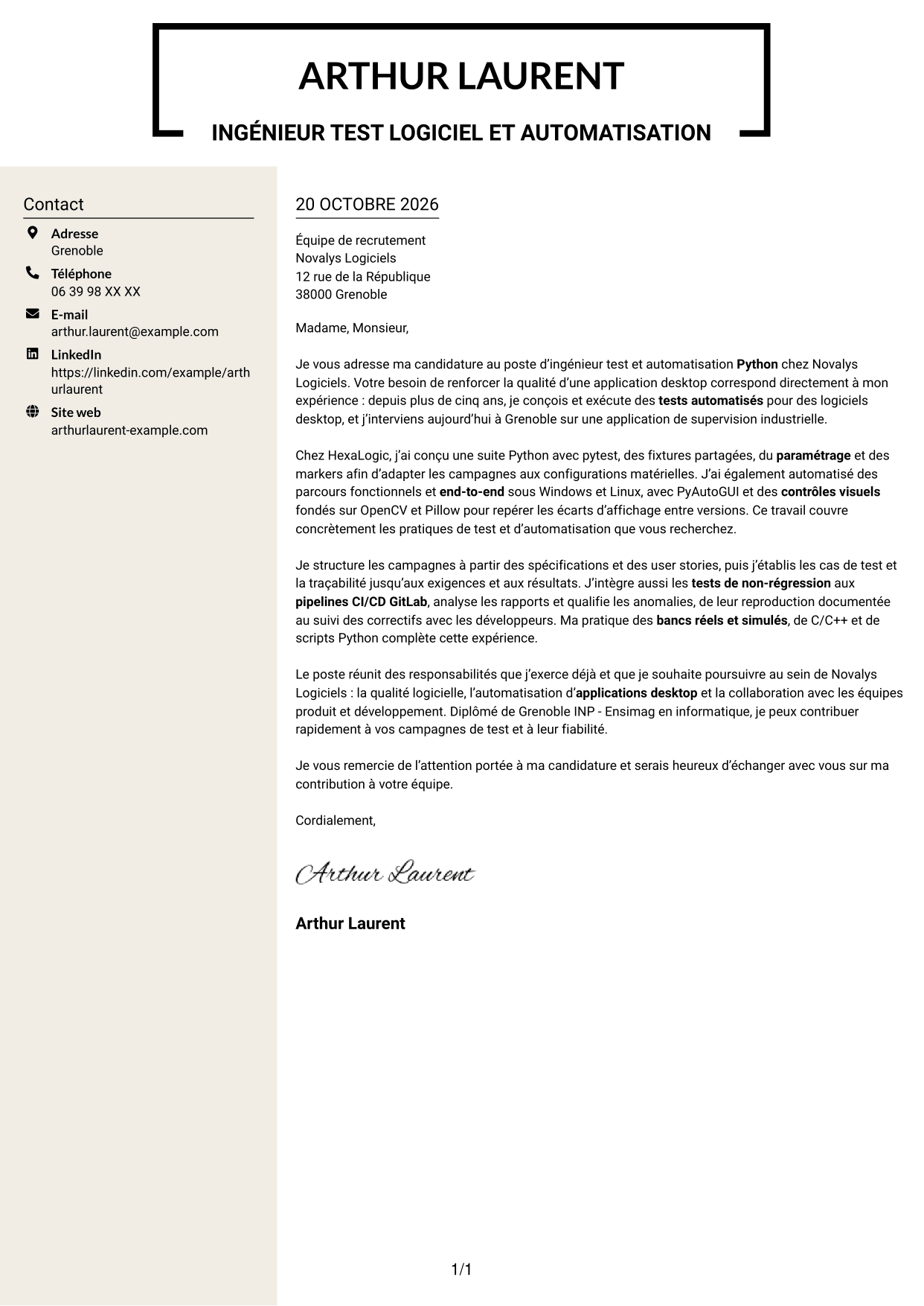 Lettre de motivation Fonceur (format à deux colonnes avec en-tête centré sans photo) : Ingénieur Test & Automatisation Python, page 1
