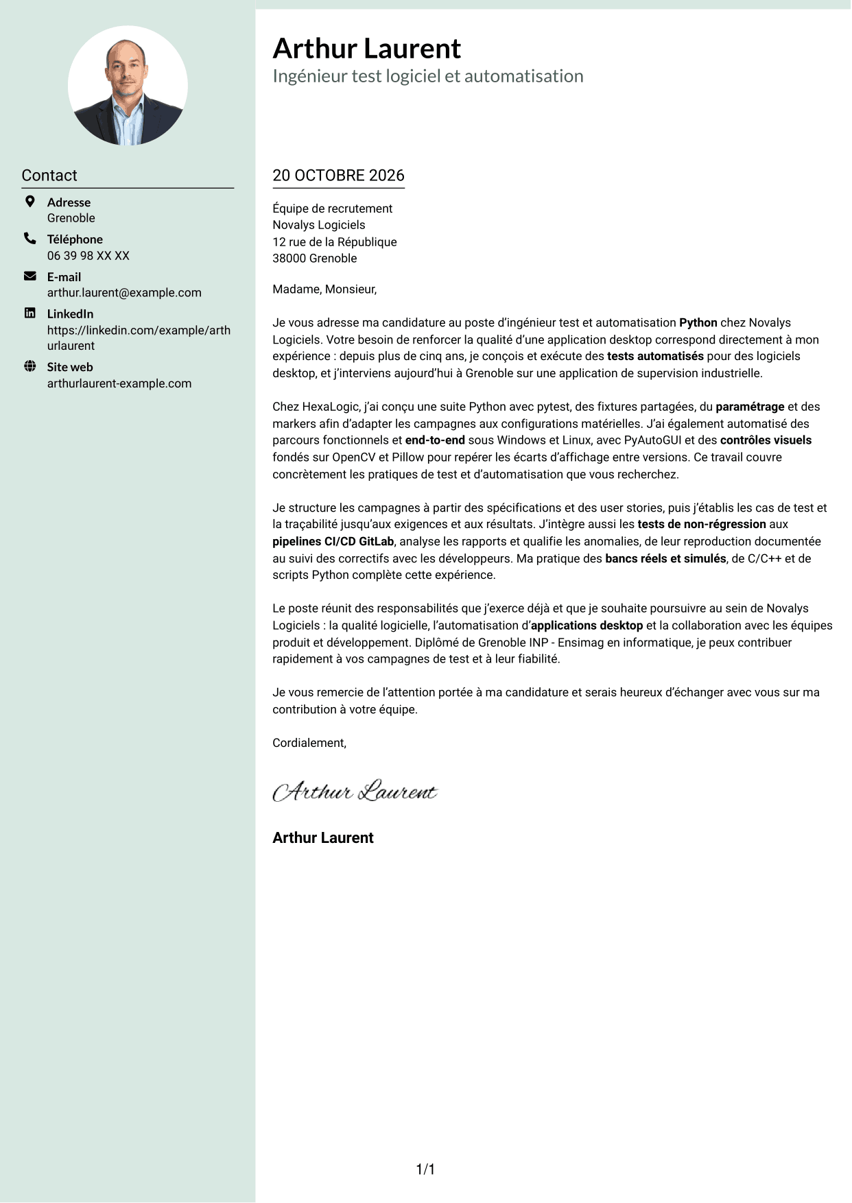 Lettre de motivation Cadre (format à colonne latérale douce avec photo arrondie) : Ingénieur Test & Automatisation Python, page 1