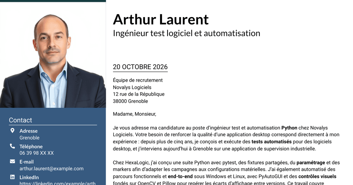 7 modèles de lettre de motivation pour Ingénieur Test & Automatisation Python, avec exemples