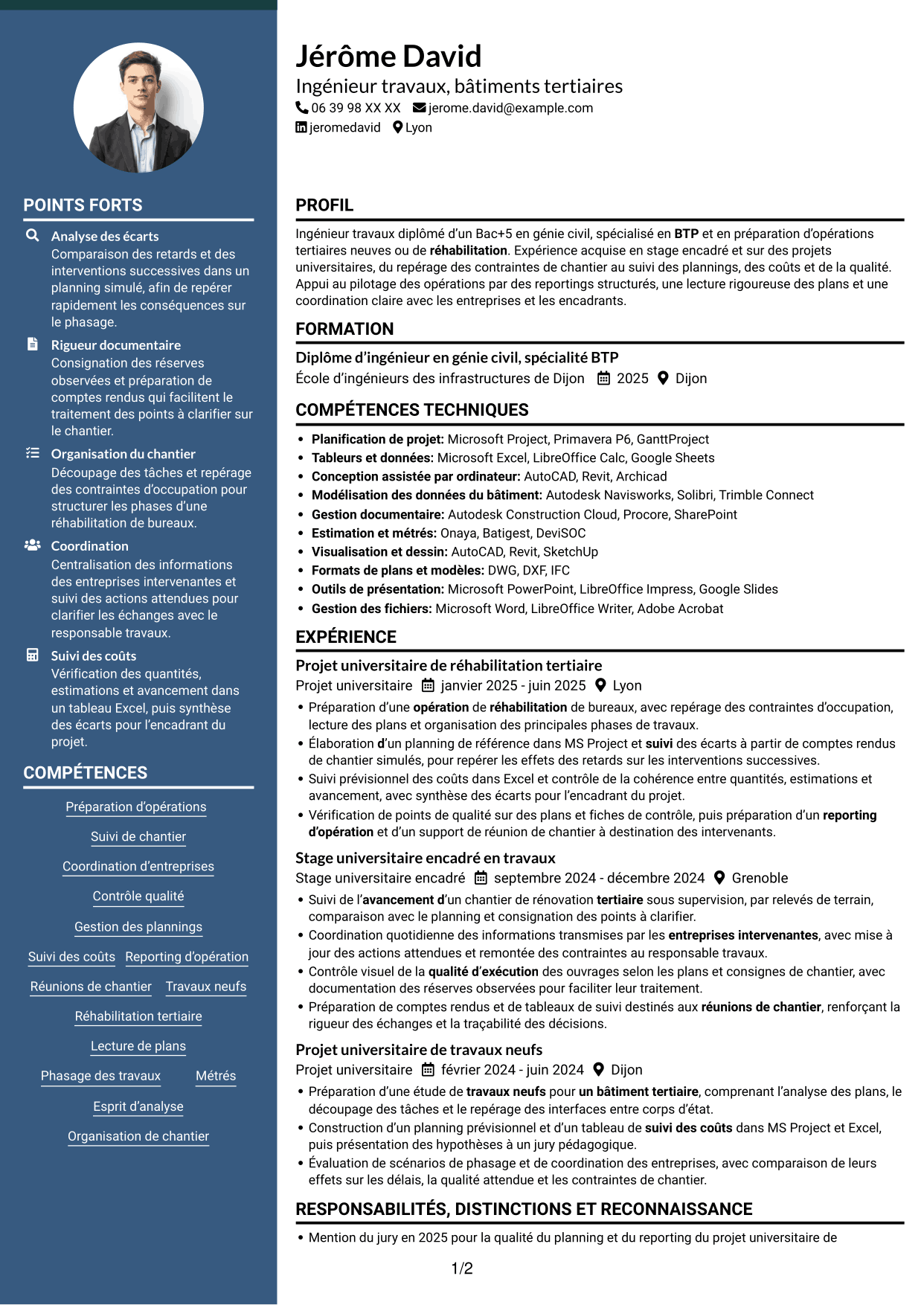 CV Élégant (format à colonne latérale colorée avec photo) : Ingénieur travaux - Bâtiments tertiaires, page 1