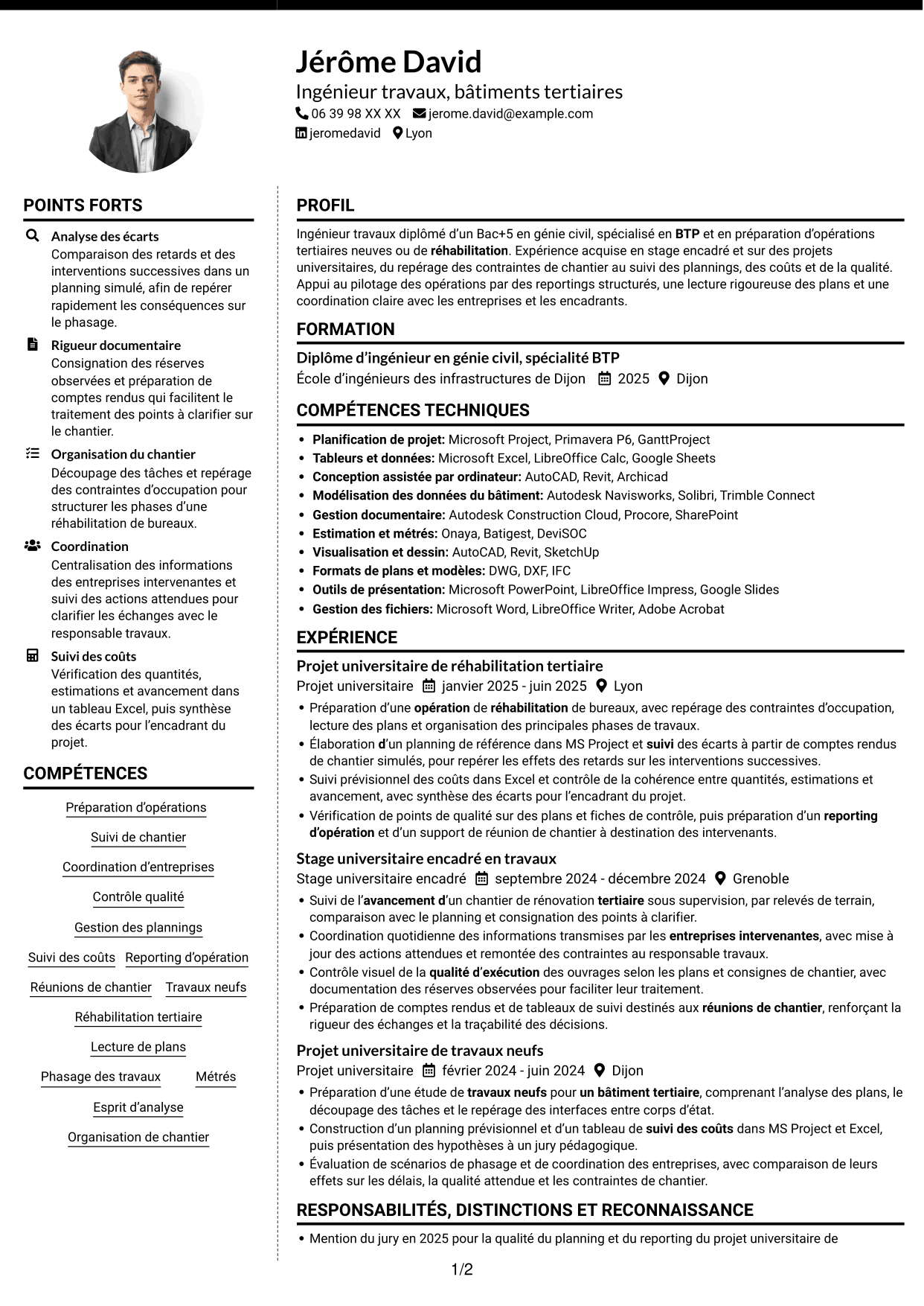 CV Moderne (format à deux colonnes avec photo à gauche et séparateur) : Ingénieur travaux - Bâtiments tertiaires, page 1