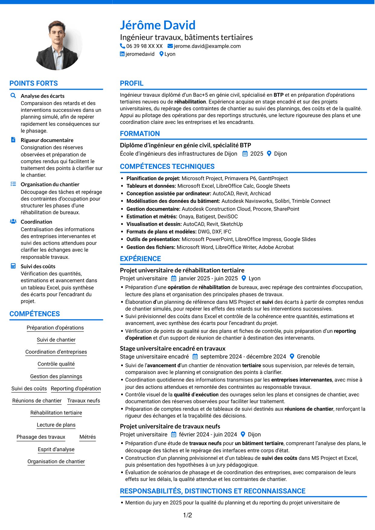 CV Audacieux (format à deux colonnes avec accents colorés et photo) : Ingénieur travaux - Bâtiments tertiaires, page 1