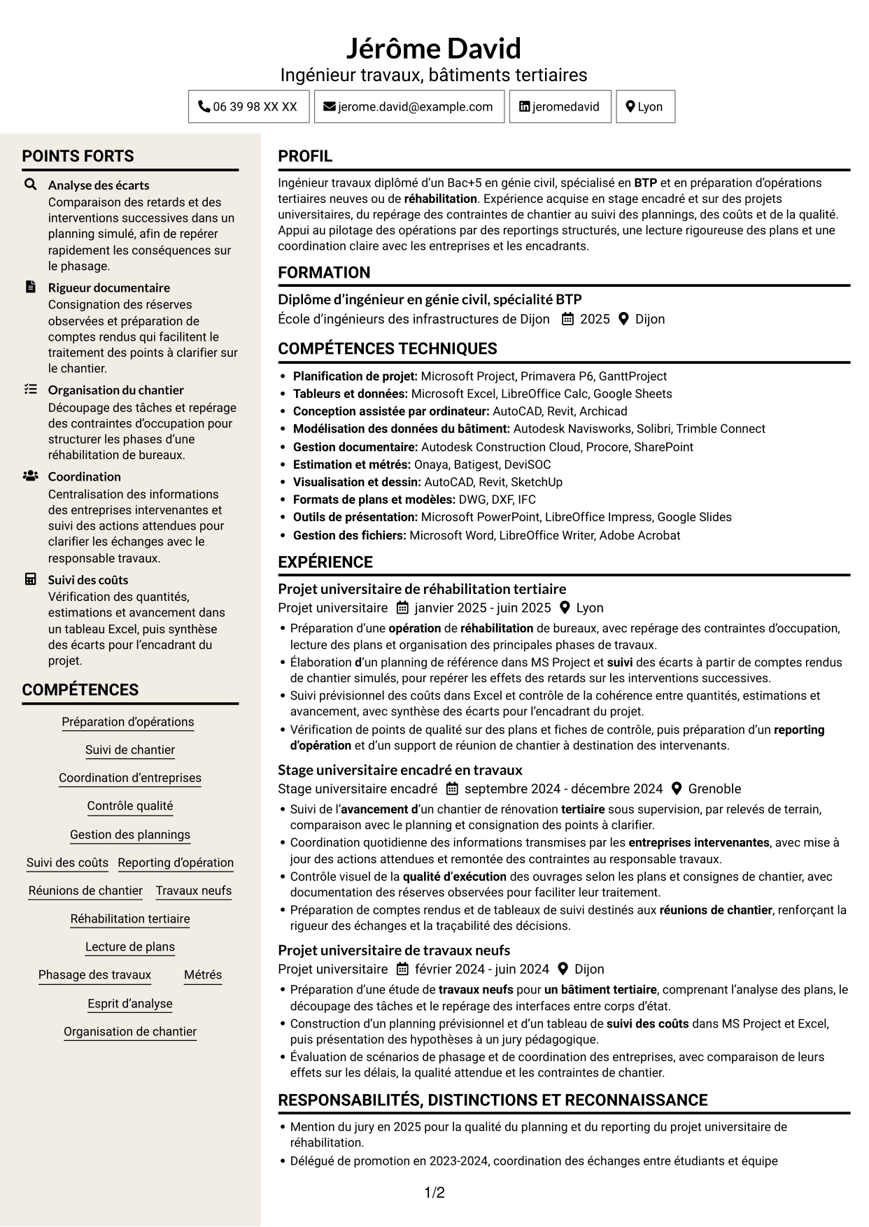 CV Fonceur (format à deux colonnes avec en-tête centré sans photo) : Ingénieur travaux - Bâtiments tertiaires, page 1