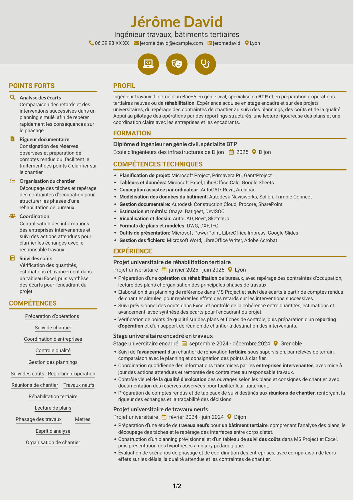 CV Dynamique (format à deux colonnes avec icônes) : Ingénieur travaux - Bâtiments tertiaires, page 1