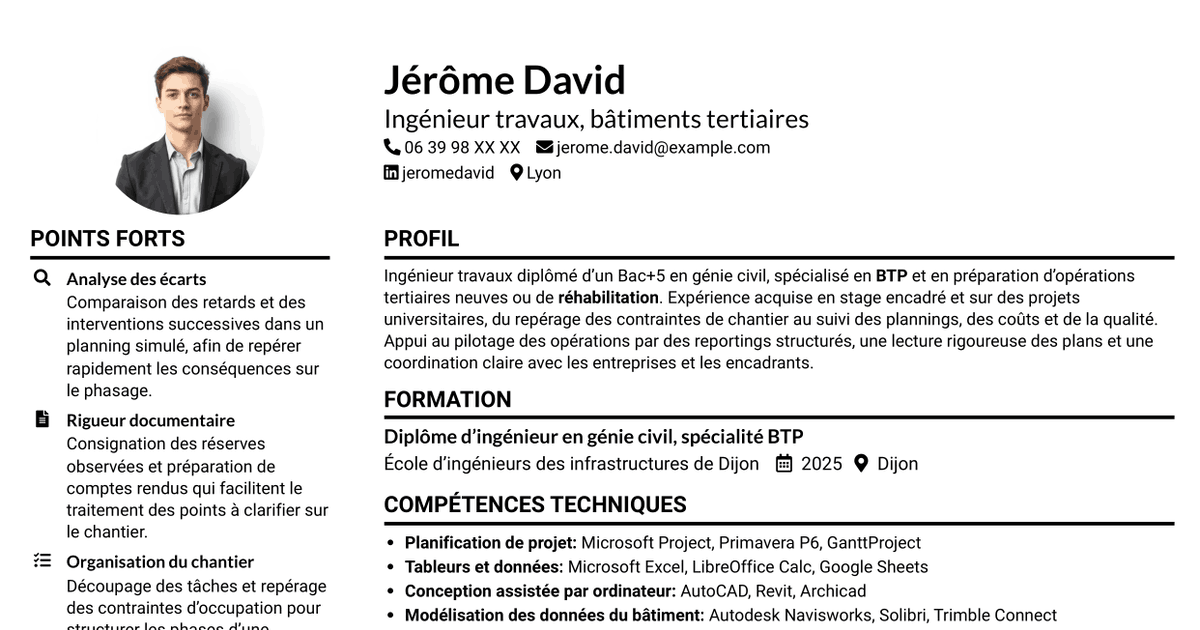 7 modèles de CV pour Ingénieur travaux - Bâtiments tertiaires, avec exemples