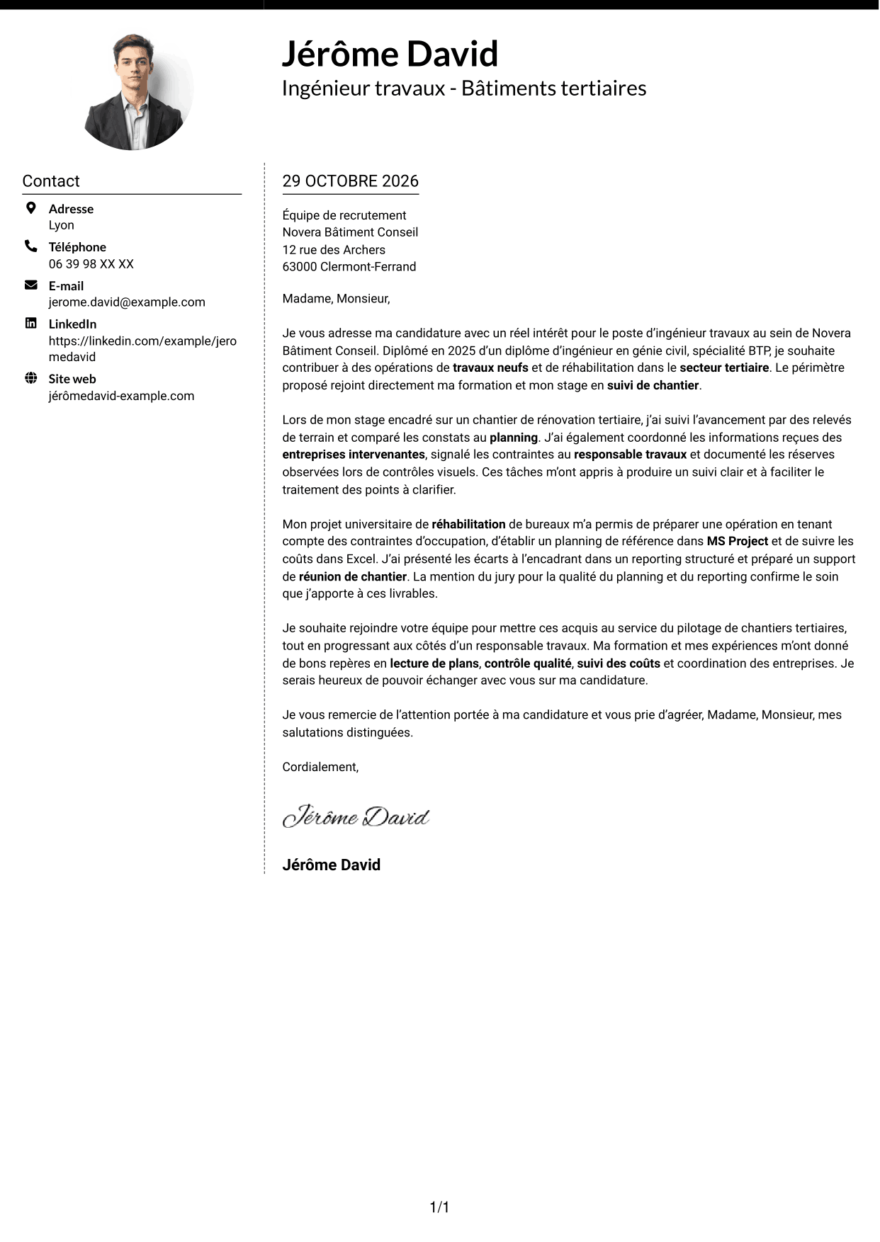 Lettre de motivation Moderne (format à deux colonnes avec photo à gauche et séparateur) : Ingénieur travaux - Bâtiments tertiaires, page 1