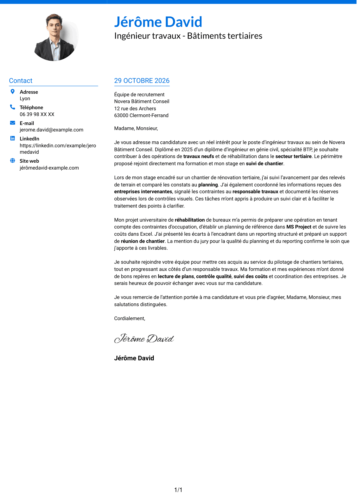Lettre de motivation Audacieux (format à deux colonnes avec accents colorés et photo) : Ingénieur travaux - Bâtiments tertiaires, page 1