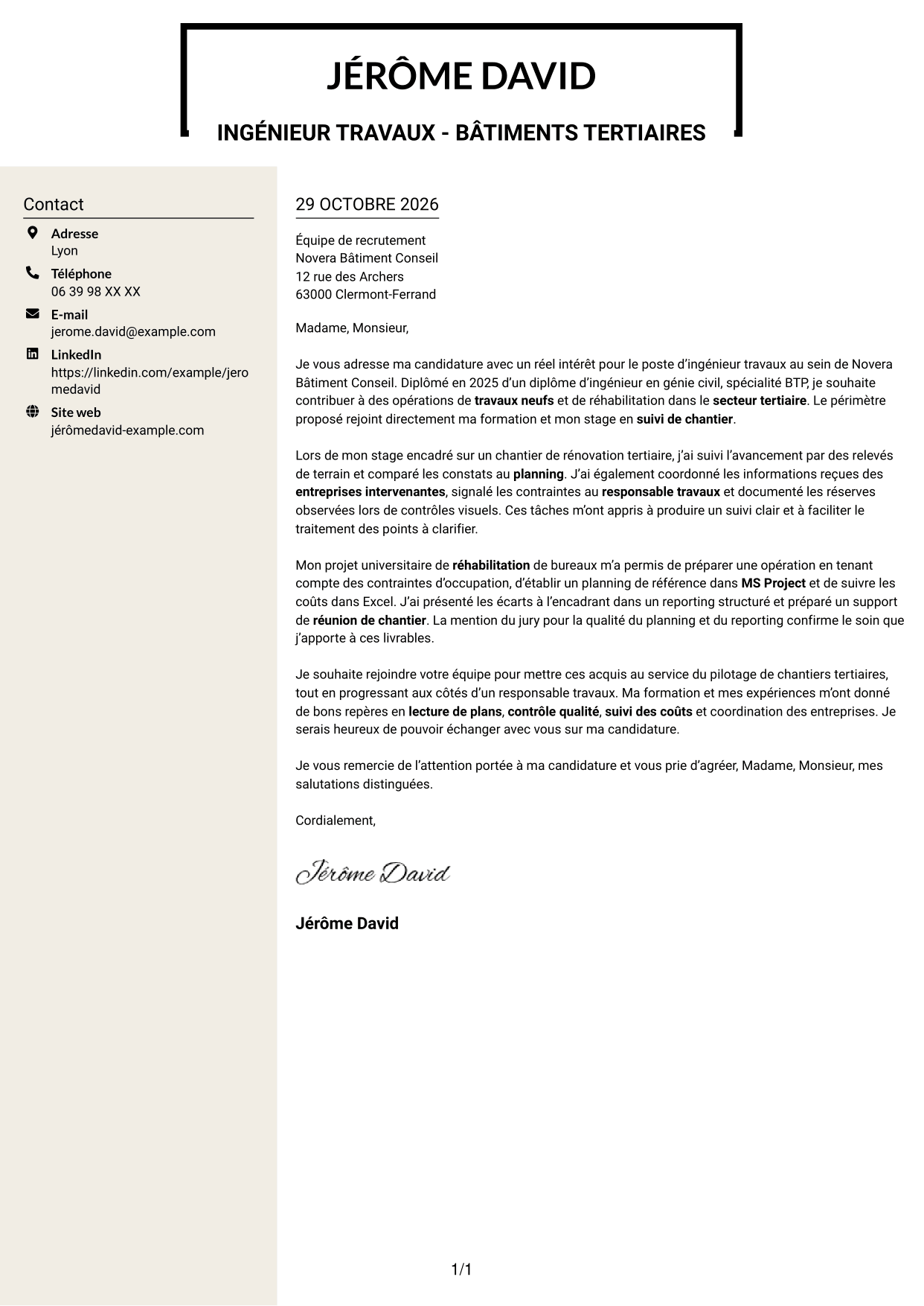 Lettre de motivation Fonceur (format à deux colonnes avec en-tête centré sans photo) : Ingénieur travaux - Bâtiments tertiaires, page 1