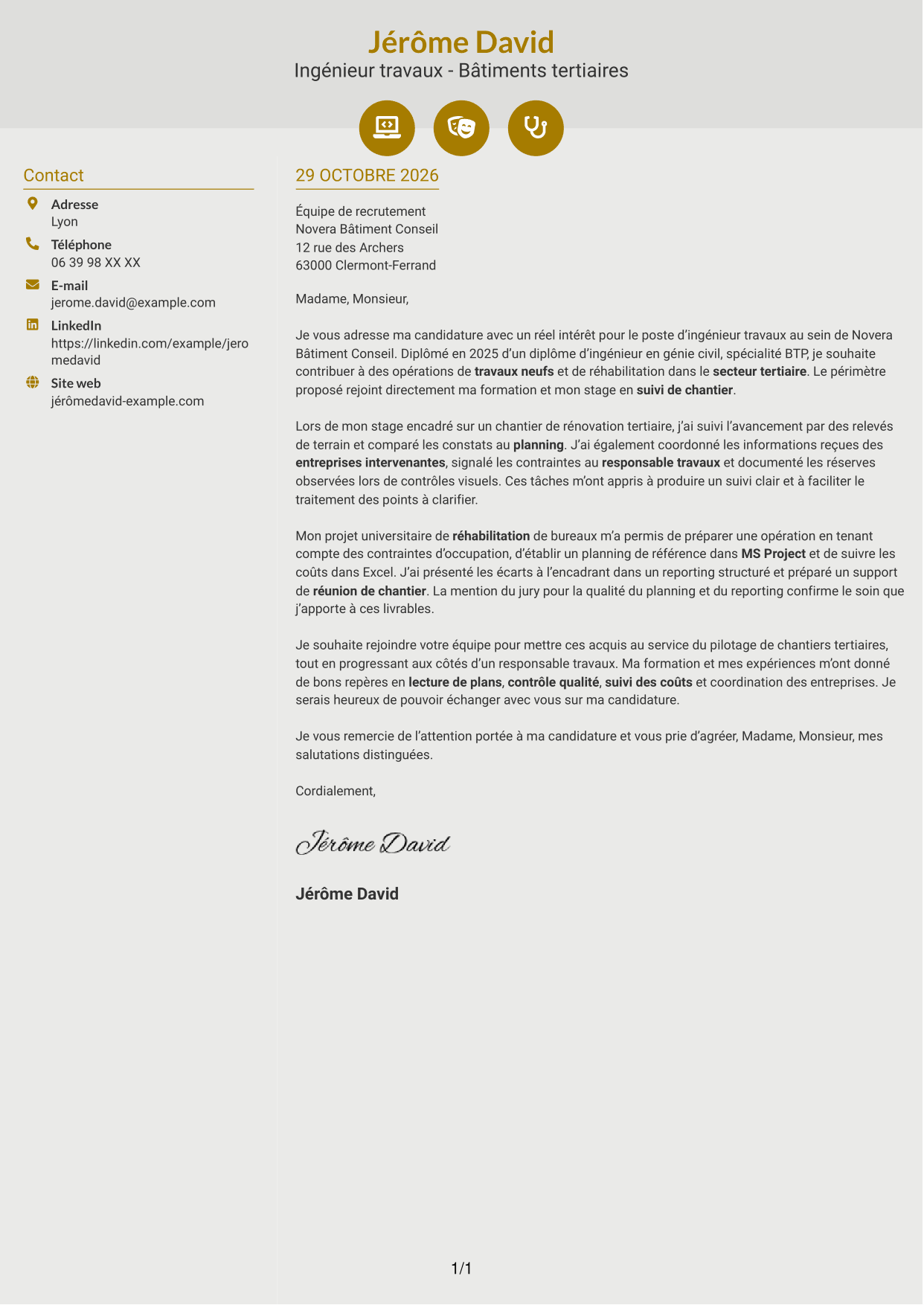 Lettre de motivation Dynamique (format à deux colonnes avec icônes) : Ingénieur travaux - Bâtiments tertiaires, page 1