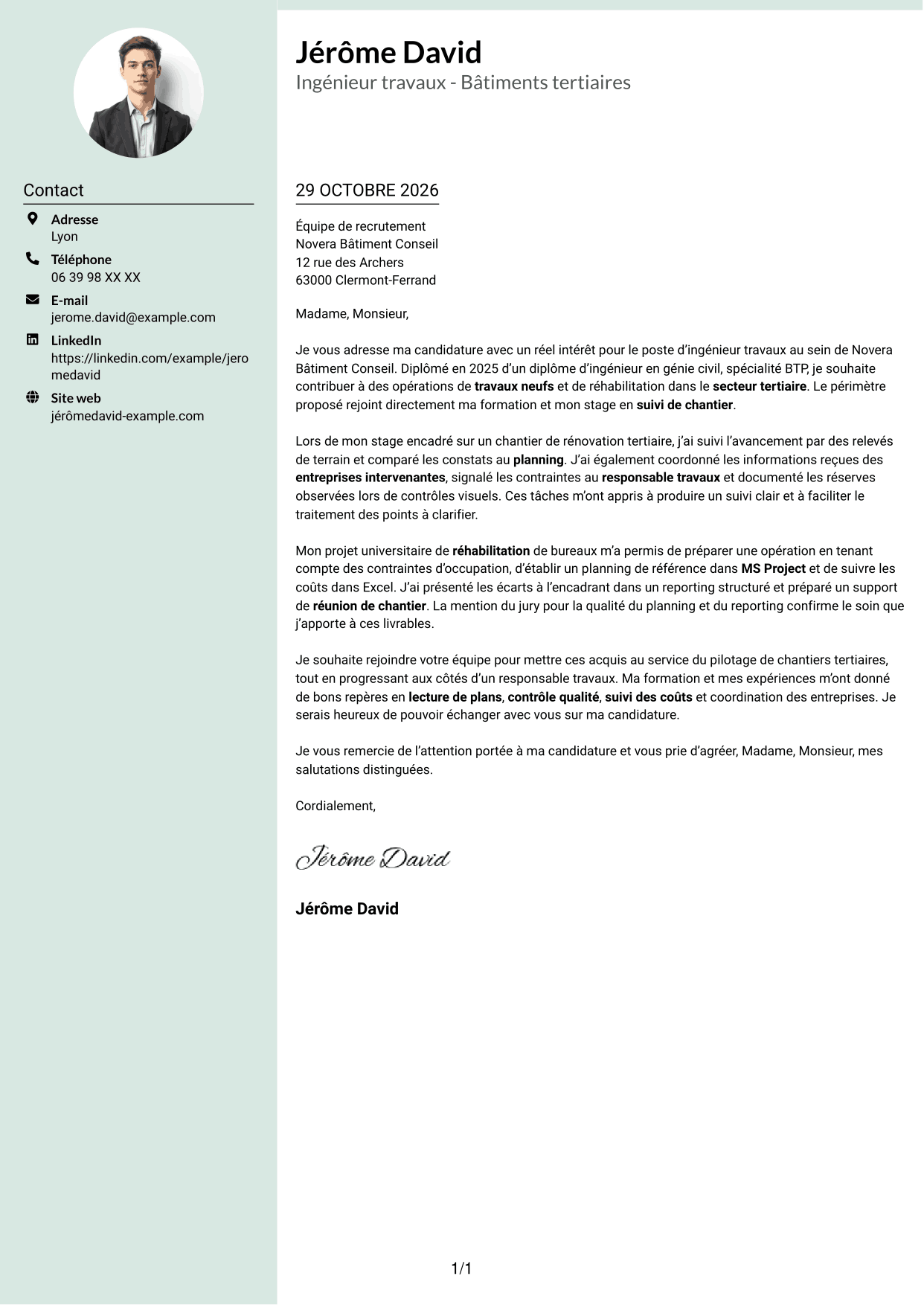 Lettre de motivation Cadre (format à colonne latérale douce avec photo arrondie) : Ingénieur travaux - Bâtiments tertiaires, page 1
