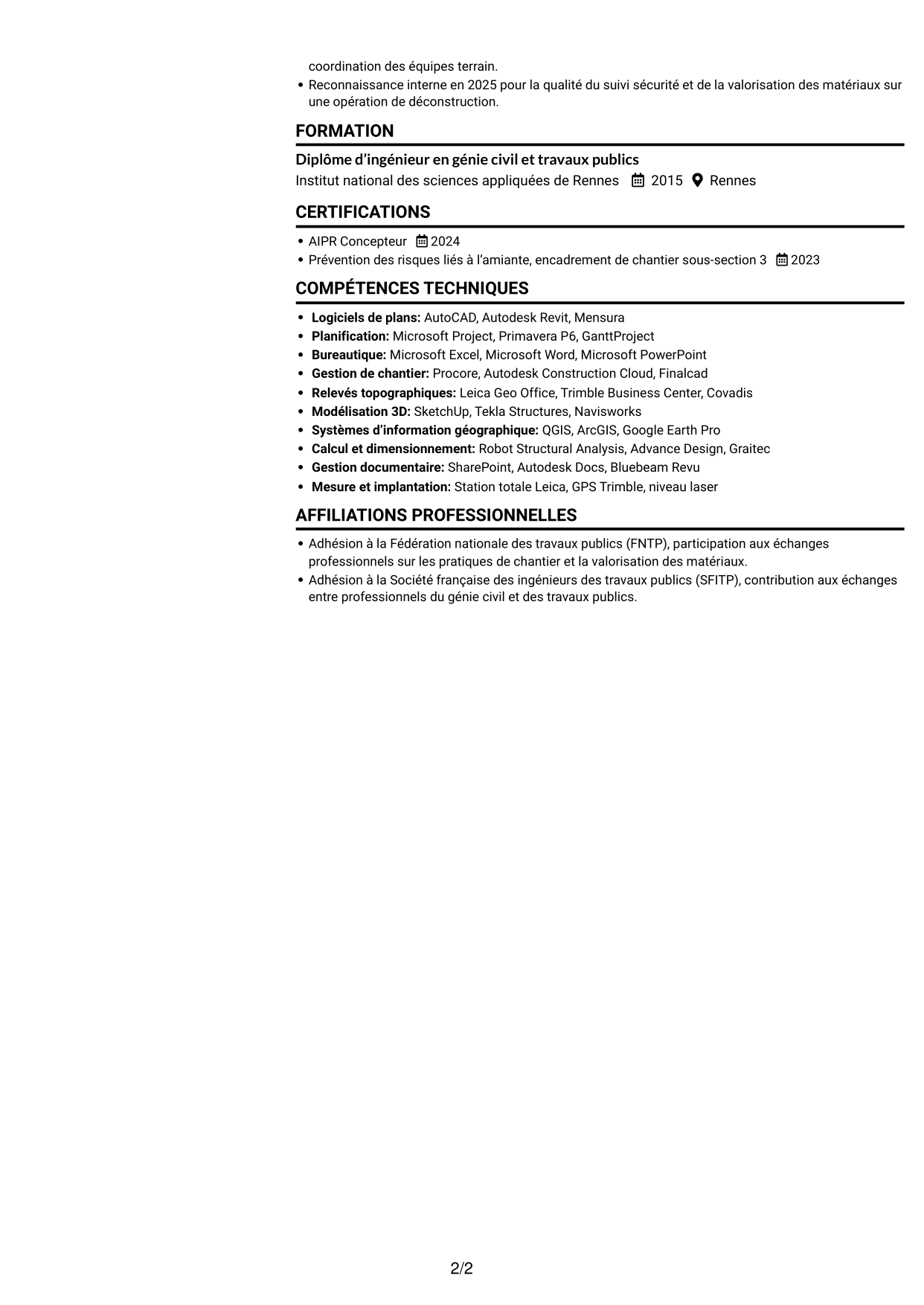 CV Compact (format sobre à deux colonnes avec photo) : Ingénieur travaux confirmé - Déconstruction, page 2