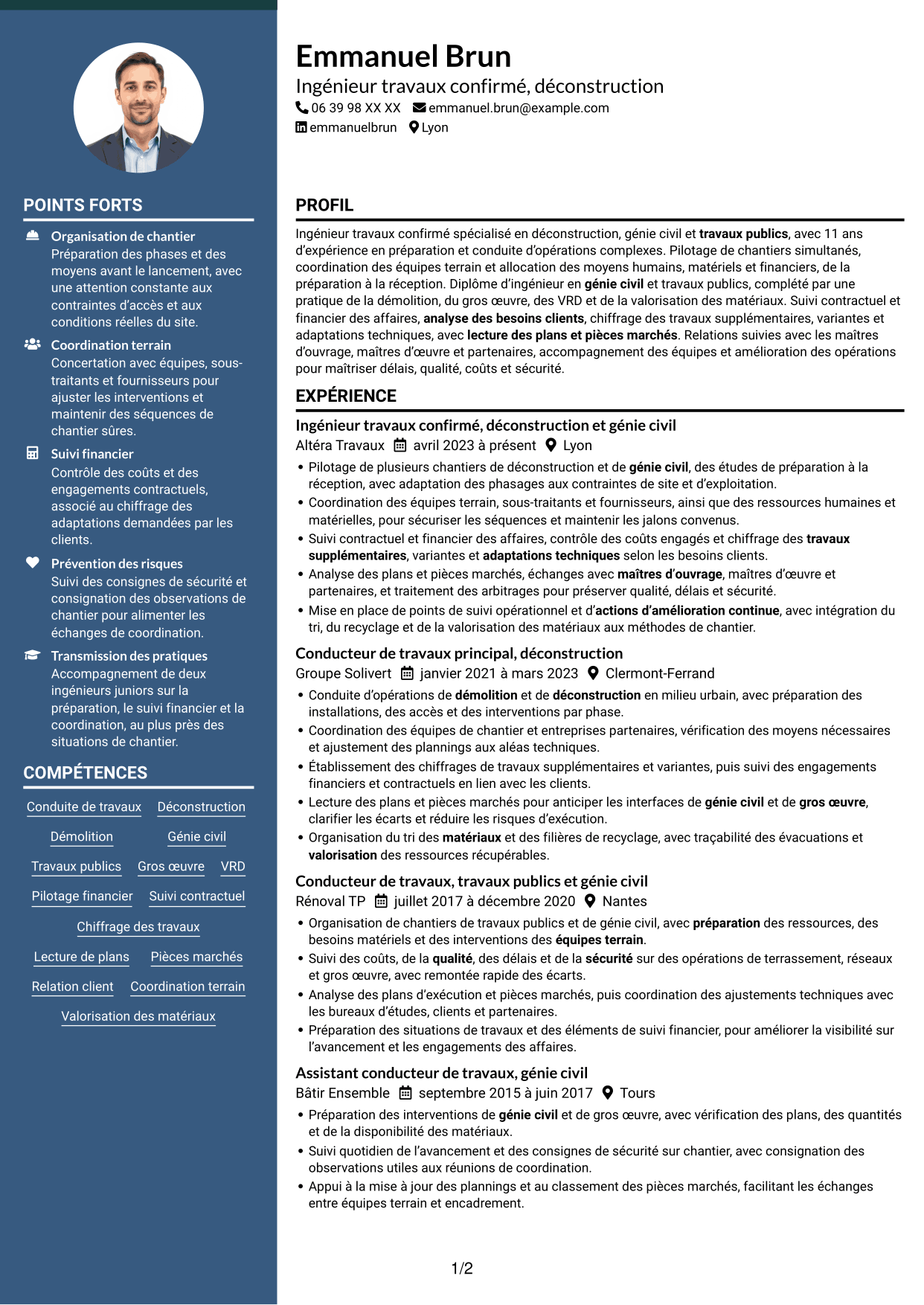 CV Élégant (format à colonne latérale colorée avec photo) : Ingénieur travaux confirmé - Déconstruction, page 1