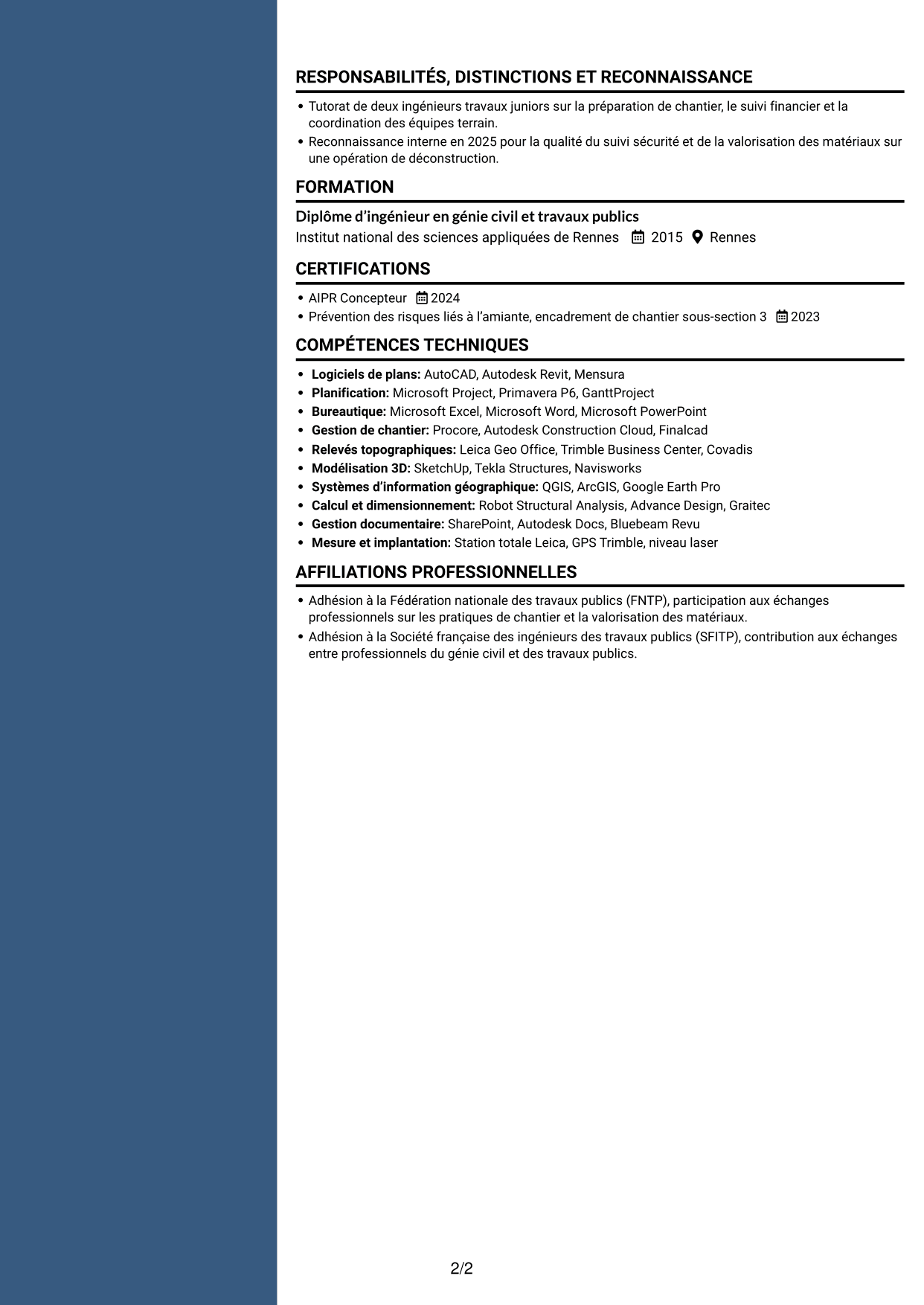CV Élégant (format à colonne latérale colorée avec photo) : Ingénieur travaux confirmé - Déconstruction, page 2