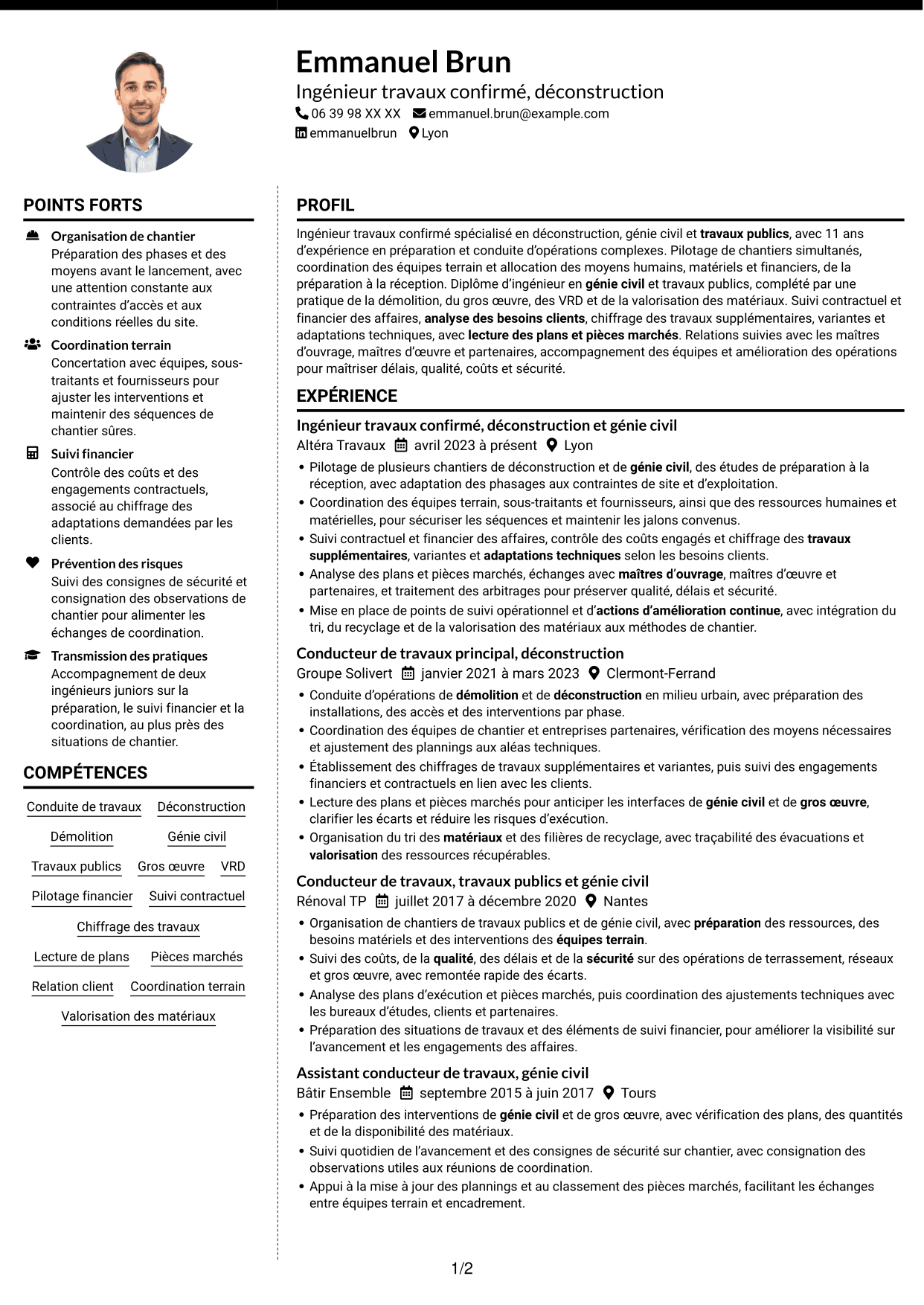 CV Moderne (format à deux colonnes avec photo à gauche et séparateur) : Ingénieur travaux confirmé - Déconstruction, page 1