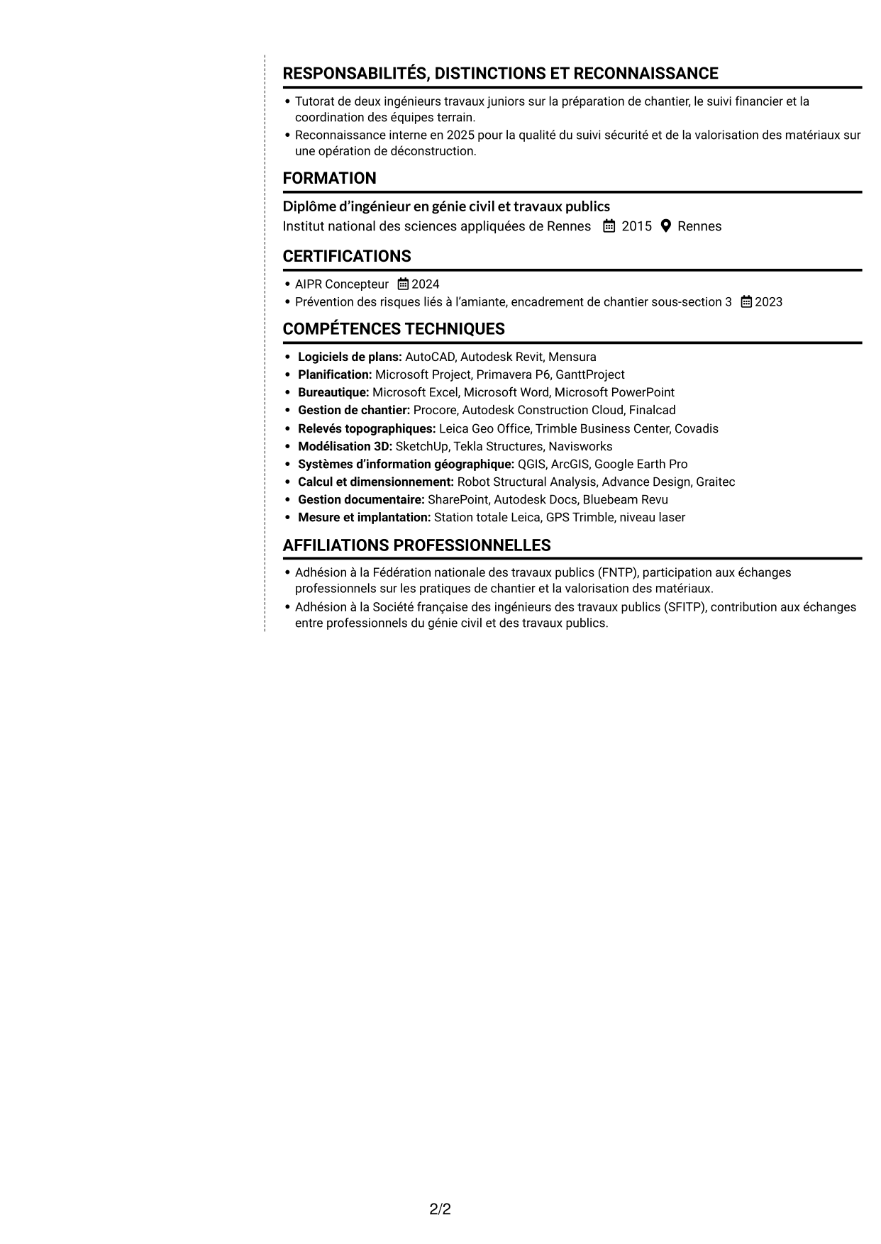 CV Moderne (format à deux colonnes avec photo à gauche et séparateur) : Ingénieur travaux confirmé - Déconstruction, page 2