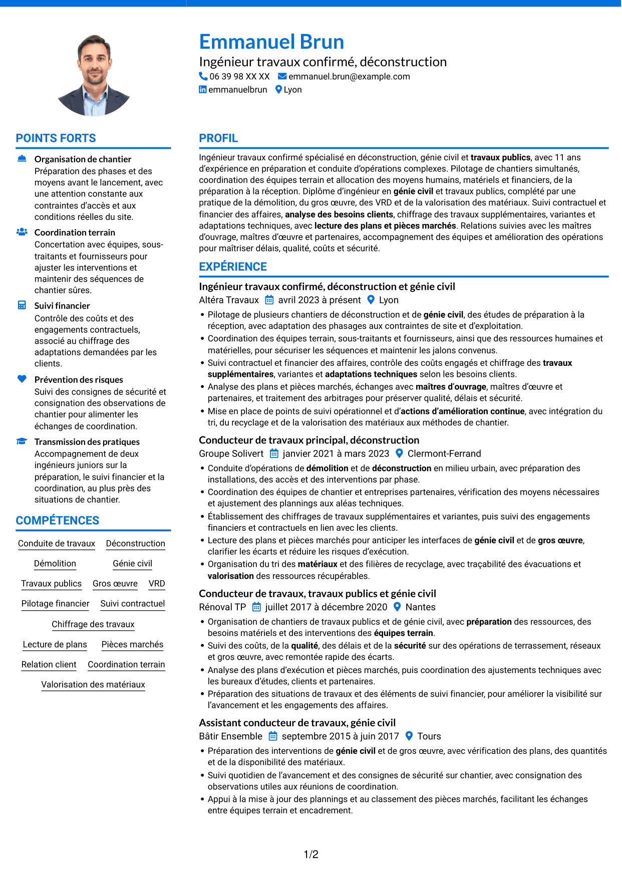 CV Audacieux (format à deux colonnes avec accents colorés et photo) : Ingénieur travaux confirmé - Déconstruction, page 1