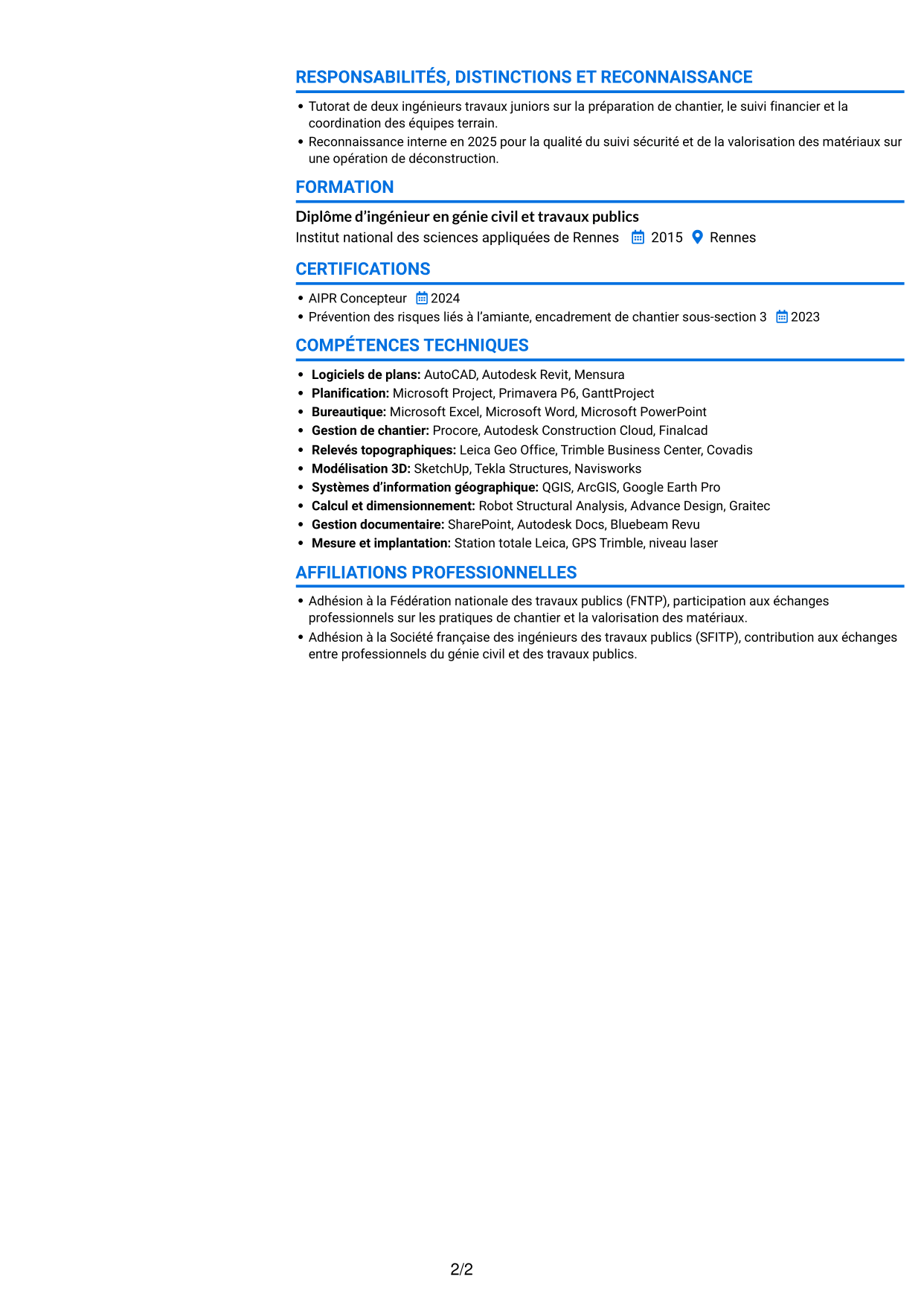 CV Audacieux (format à deux colonnes avec accents colorés et photo) : Ingénieur travaux confirmé - Déconstruction, page 2