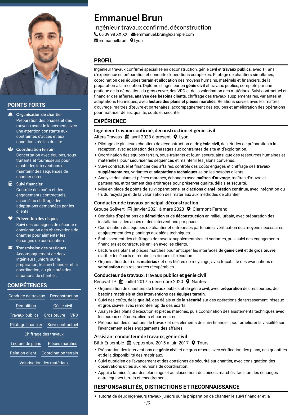 CV Signature (format à colonne latérale colorée avec grande photo) : Ingénieur travaux confirmé - Déconstruction, page 1