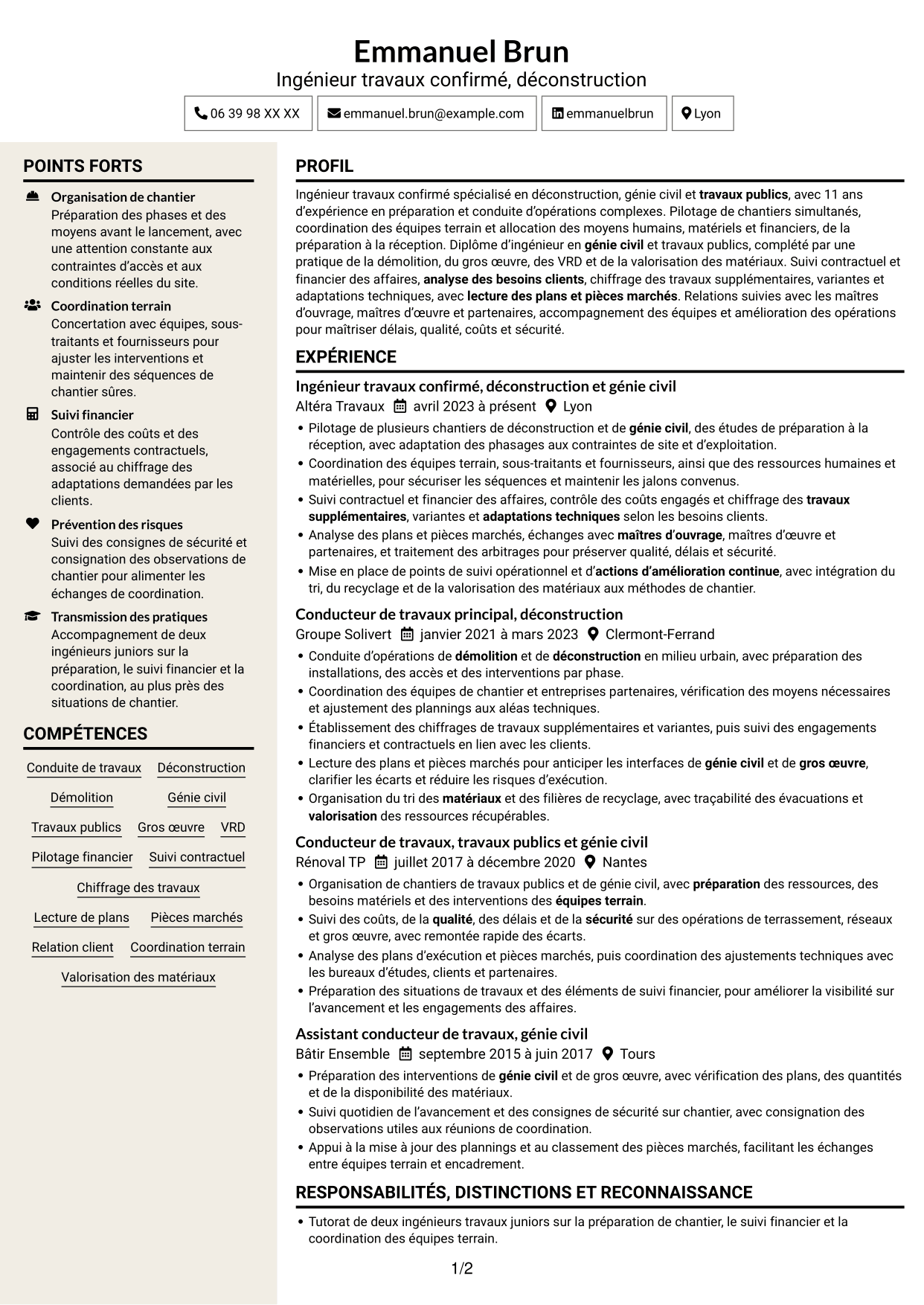 CV Fonceur (format à deux colonnes avec en-tête centré sans photo) : Ingénieur travaux confirmé - Déconstruction, page 1