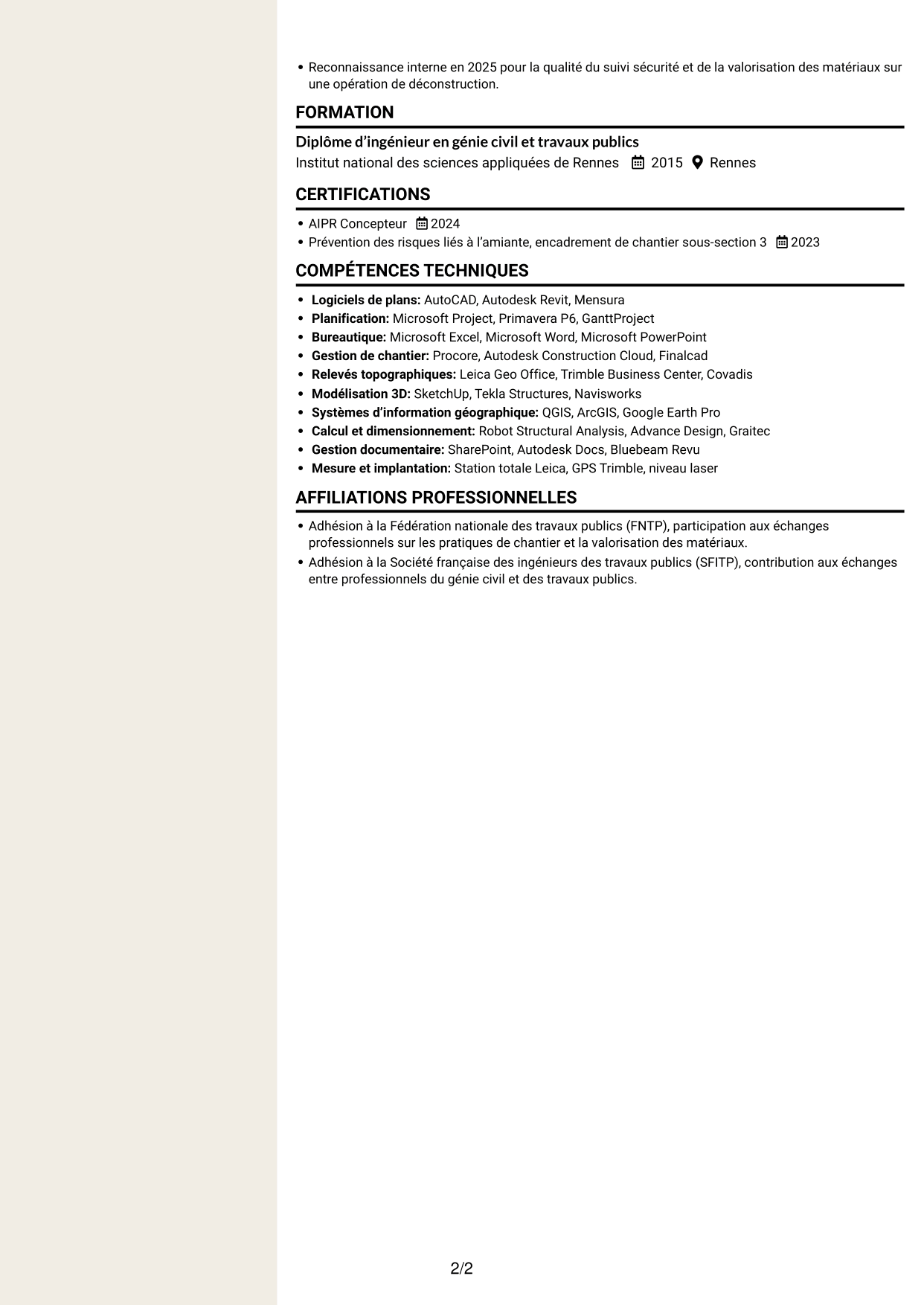 CV Fonceur (format à deux colonnes avec en-tête centré sans photo) : Ingénieur travaux confirmé - Déconstruction, page 2