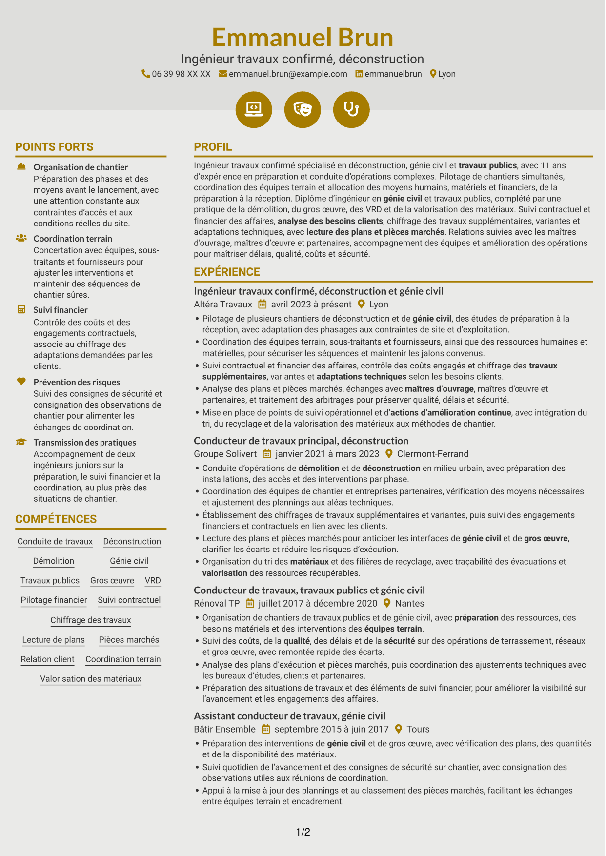 CV Dynamique (format à deux colonnes avec icônes) : Ingénieur travaux confirmé - Déconstruction, page 1