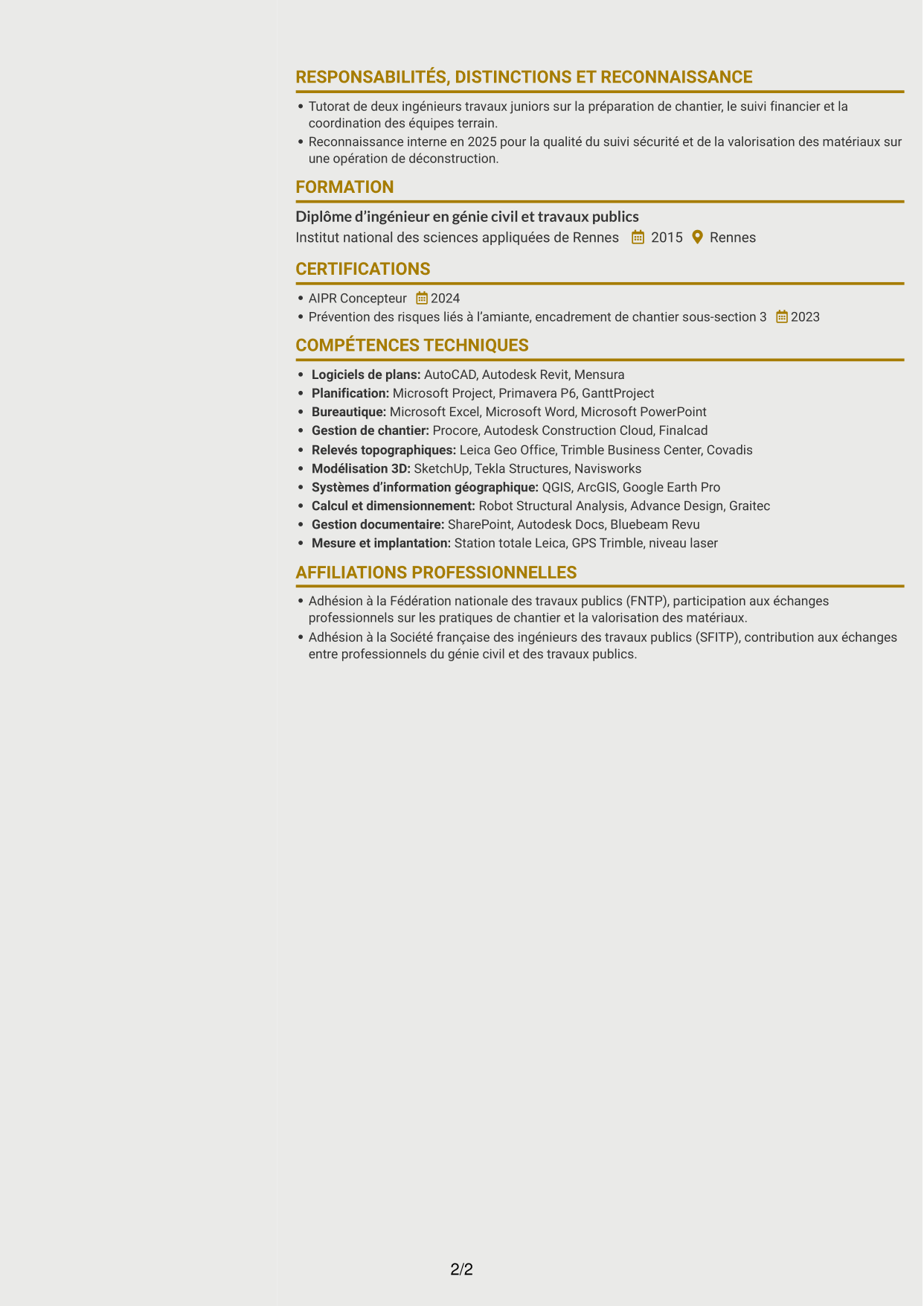 CV Dynamique (format à deux colonnes avec icônes) : Ingénieur travaux confirmé - Déconstruction, page 2