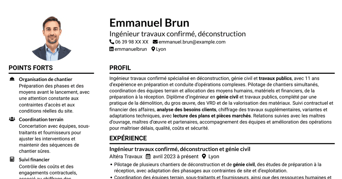 7 modèles de CV pour Ingénieur travaux confirmé - Déconstruction, avec exemples