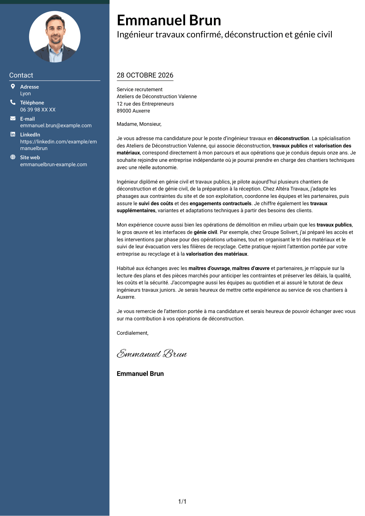 Lettre de motivation Élégant (format à colonne latérale colorée avec photo) : Ingénieur travaux confirmé - Déconstruction, page 1