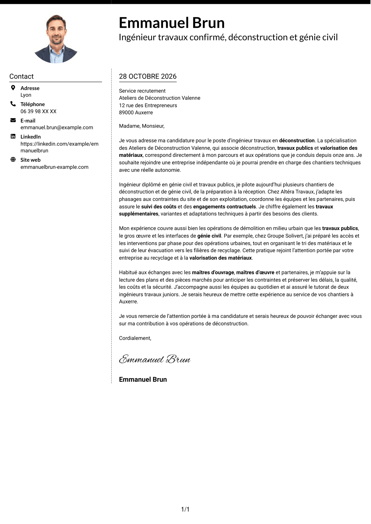 Lettre de motivation Moderne (format à deux colonnes avec photo à gauche et séparateur) : Ingénieur travaux confirmé - Déconstruction, page 1