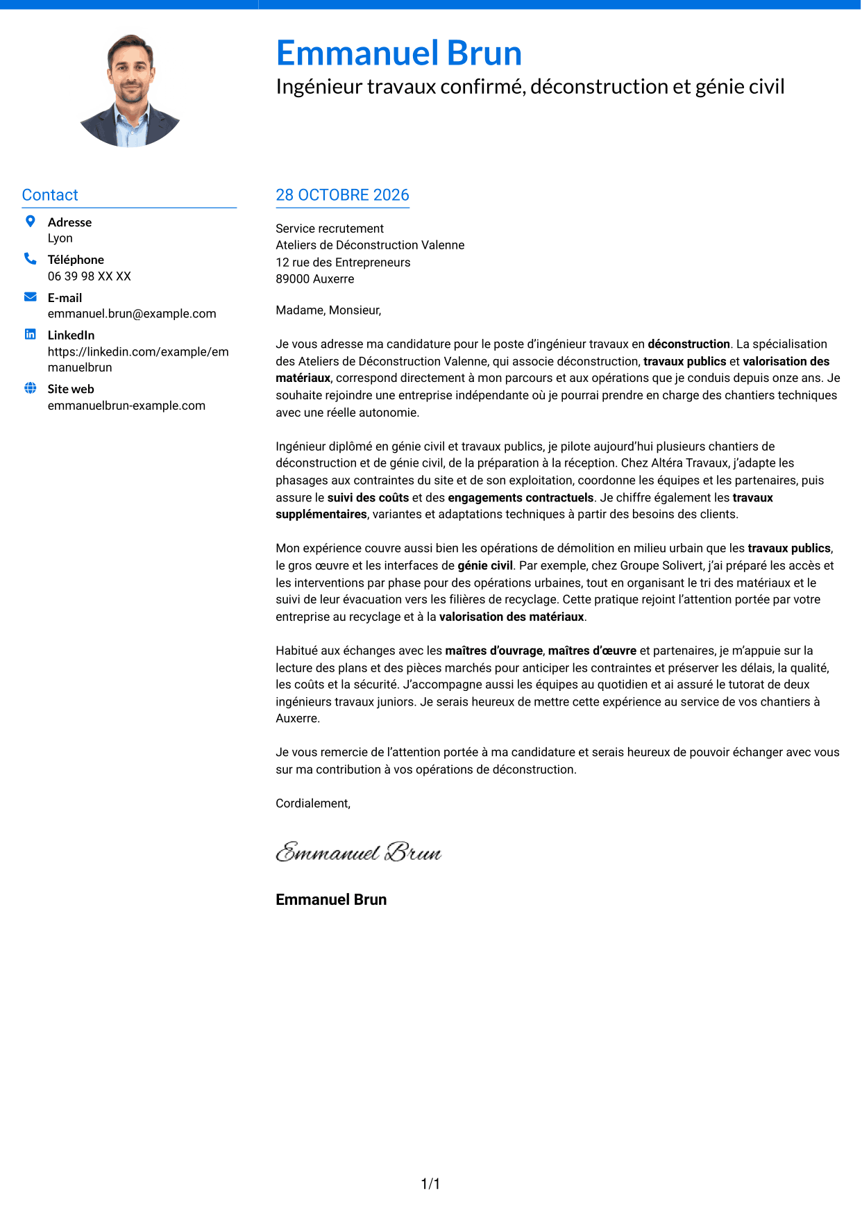 Lettre de motivation Audacieux (format à deux colonnes avec accents colorés et photo) : Ingénieur travaux confirmé - Déconstruction, page 1