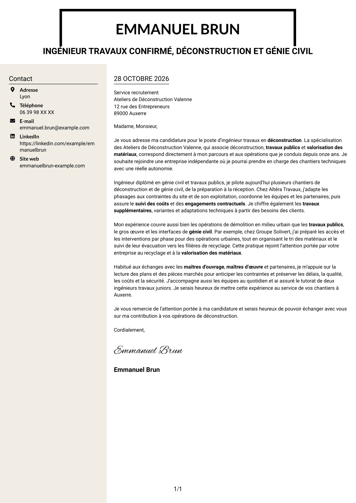 Lettre de motivation Fonceur (format à deux colonnes avec en-tête centré sans photo) : Ingénieur travaux confirmé - Déconstruction, page 1