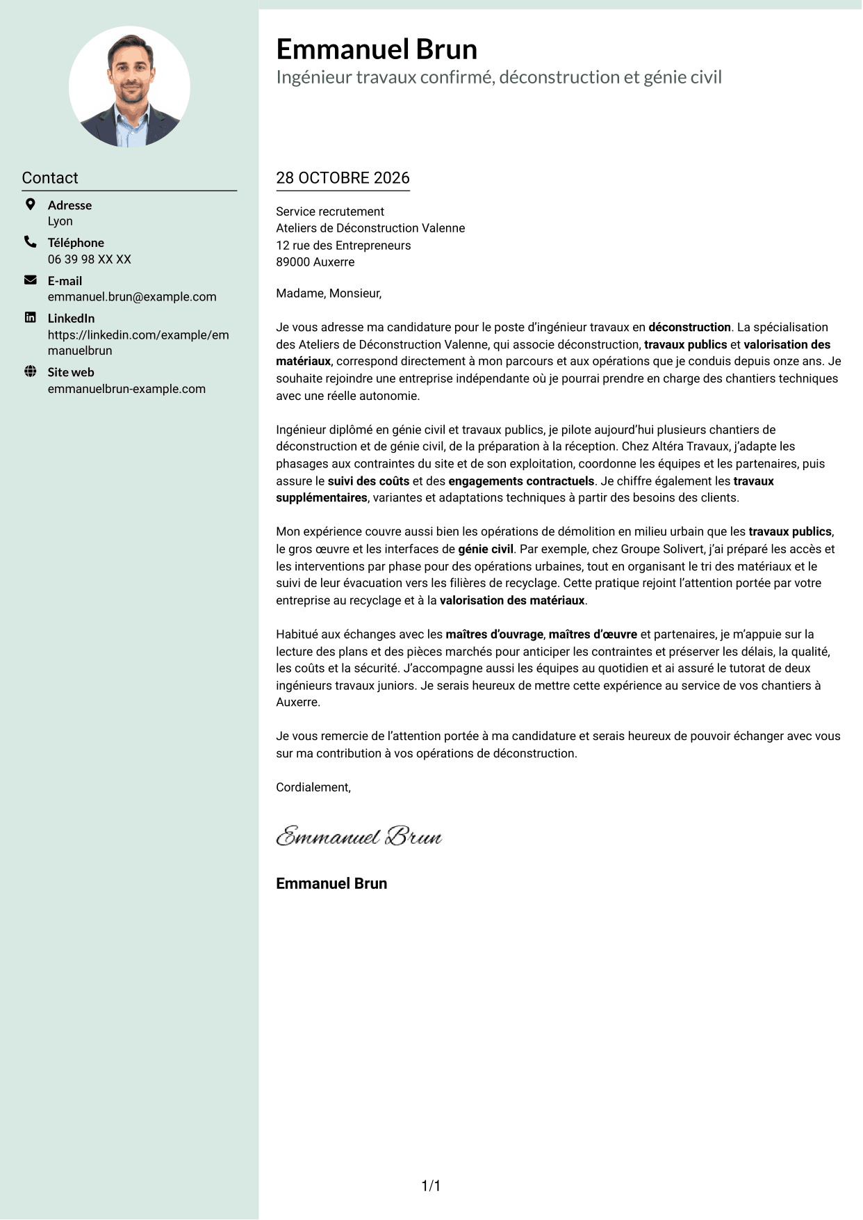 Lettre de motivation Cadre (format à colonne latérale douce avec photo arrondie) : Ingénieur travaux confirmé - Déconstruction, page 1